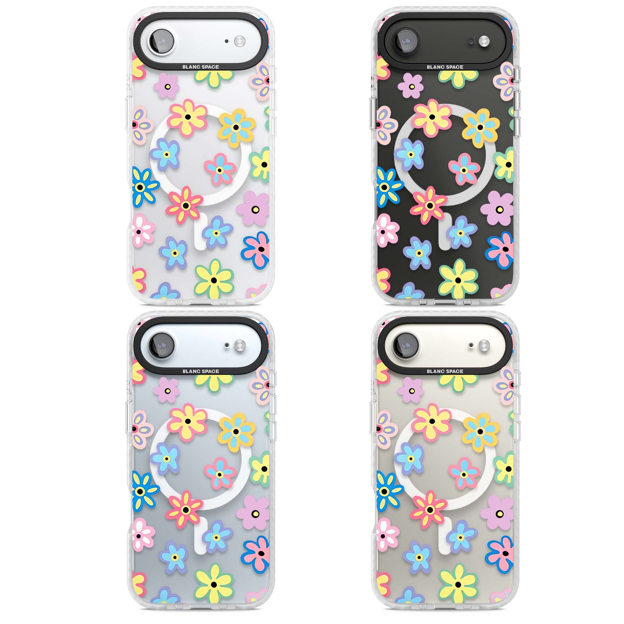 Bloom Pop cottagecore iPhone case featuring multicolor pastel flowers with black centers on clear background | Impact Magsafe case for iPhone Air