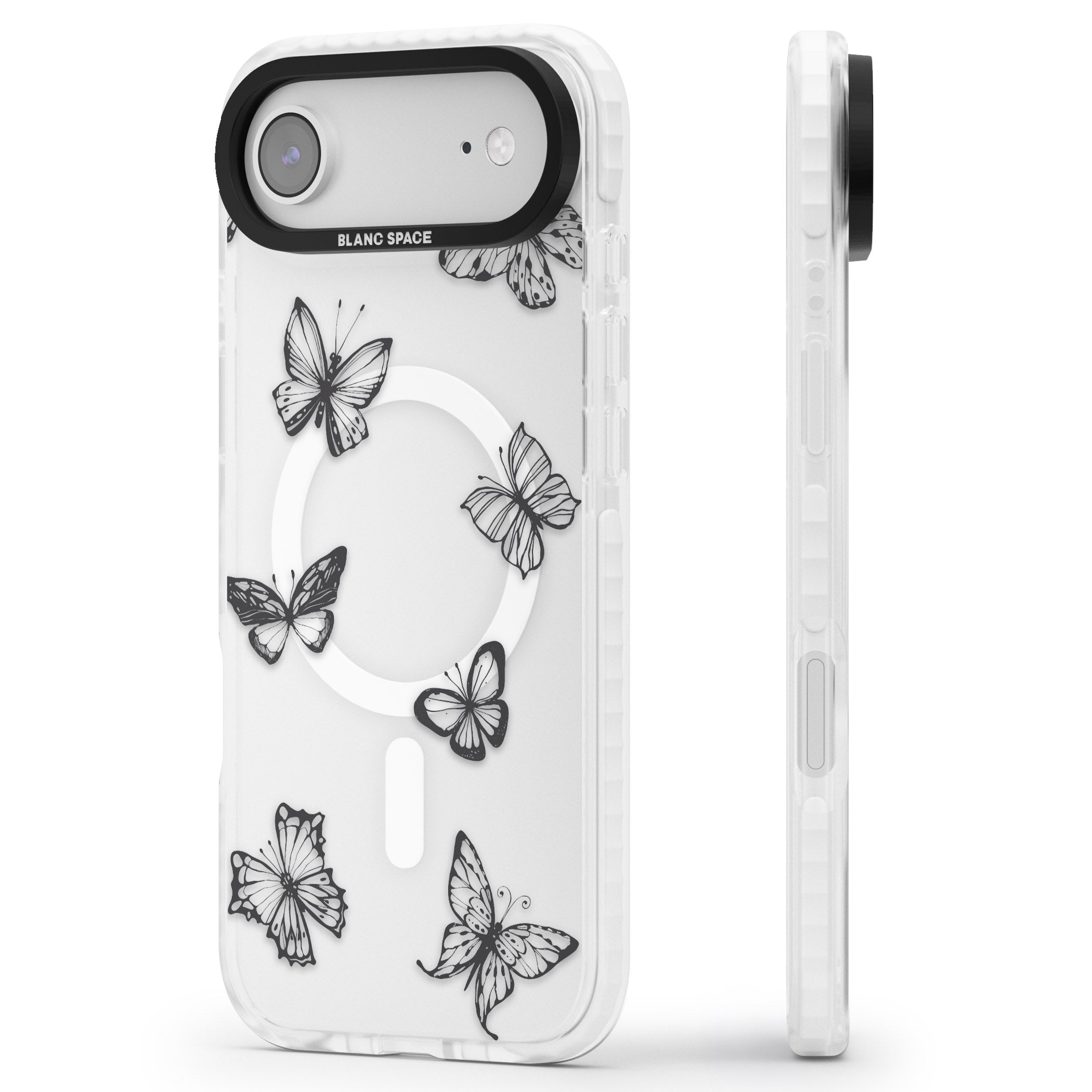 Grey Butterfly Line Pattern iPhone 17 Air Impact Pro Clear Phone Case Side Profile