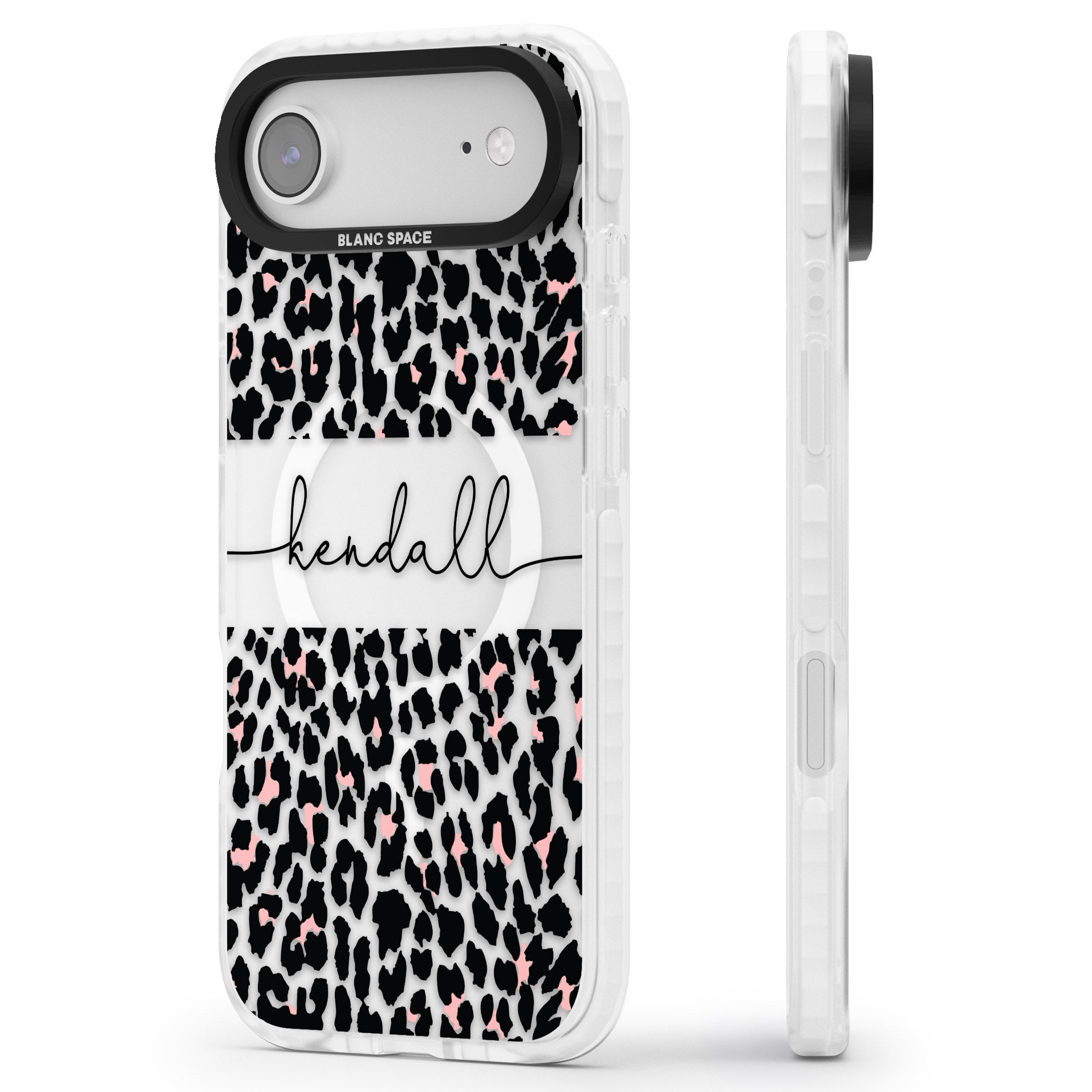 Personalised Cursive Leopard Spots iPhone 17 Air Impact Pro Clear Phone Case Side Profile