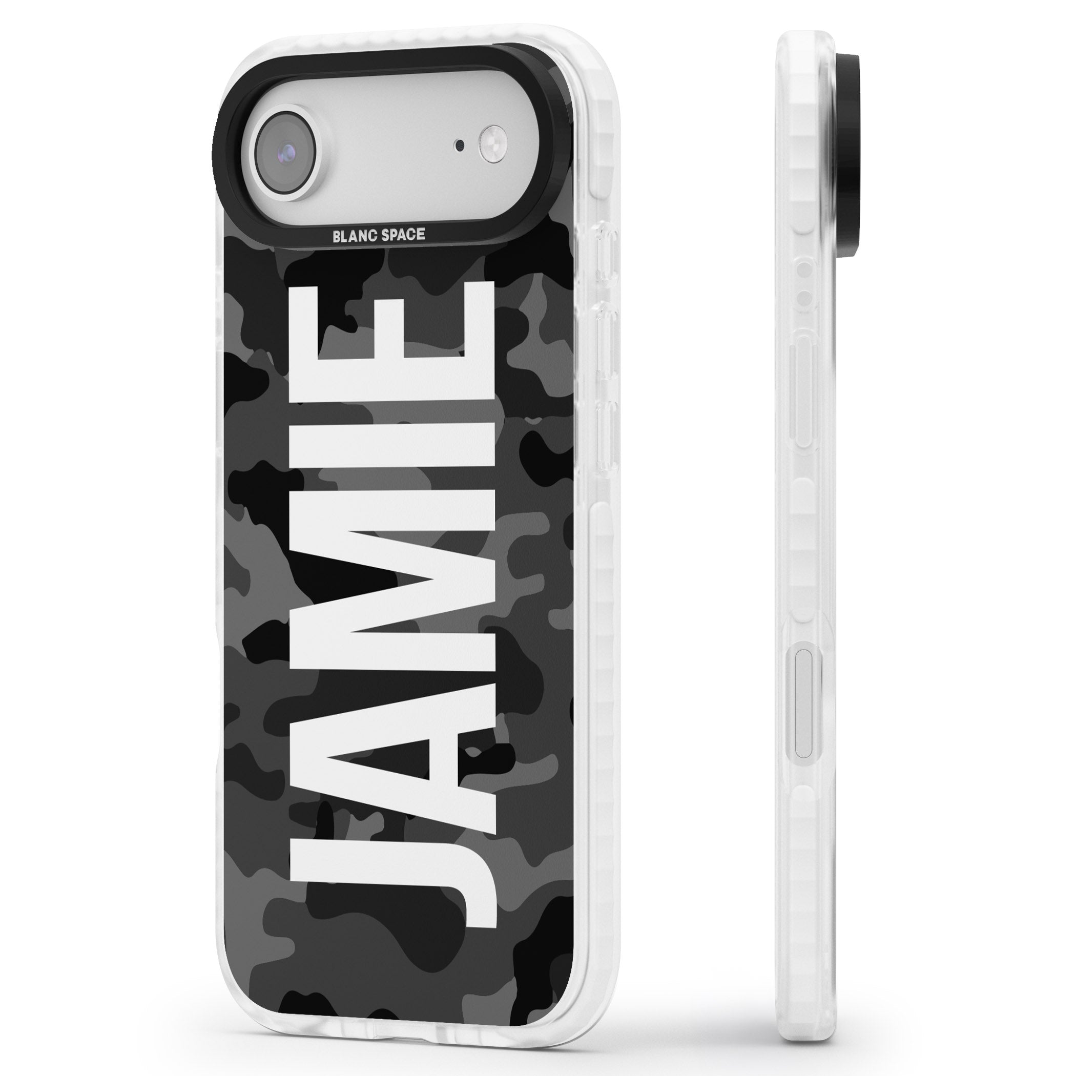 Personalised Black Camo Name Vertical iPhone 17 Air Impact Pro Clear Phone Case Side Profile