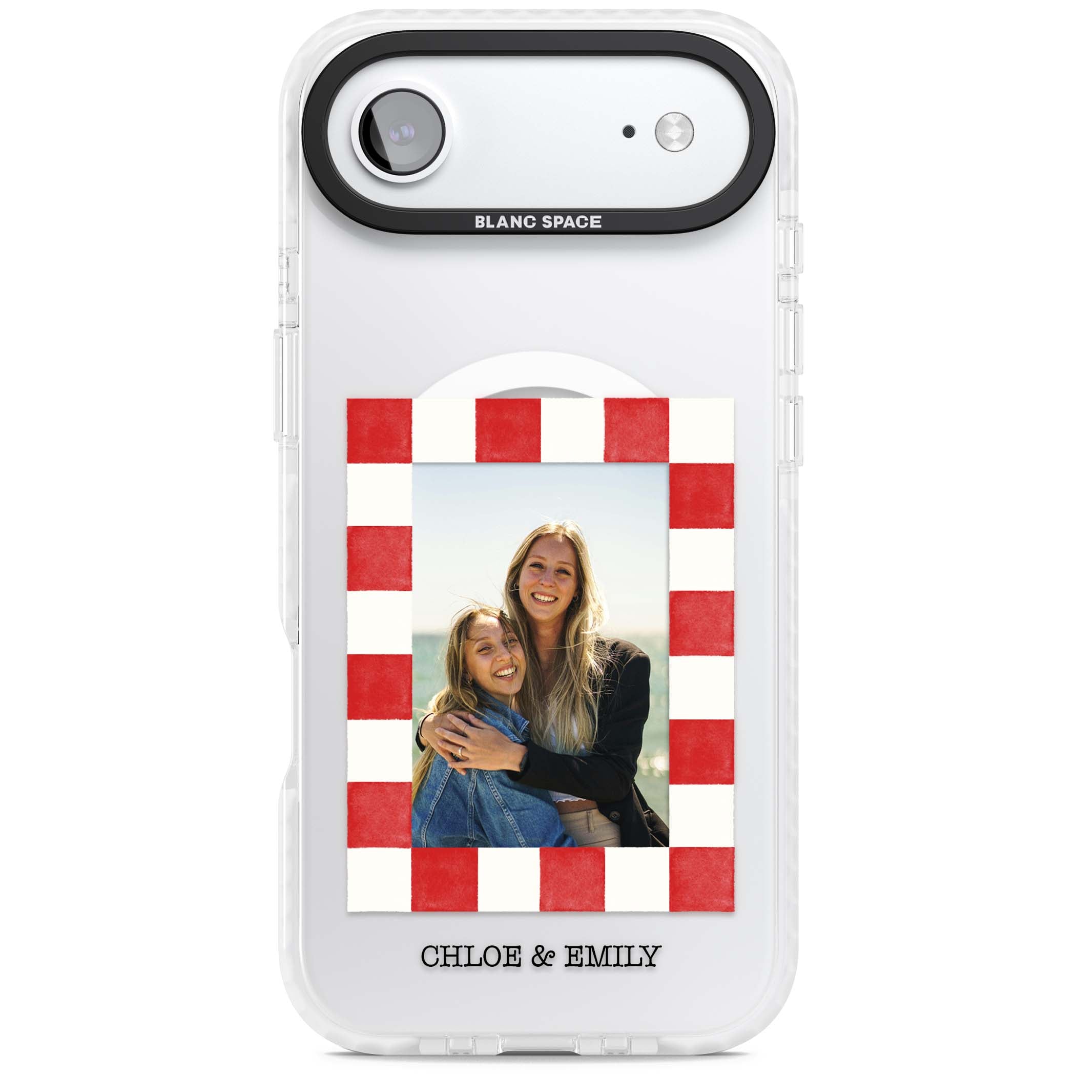 Red Check Photo personalised photo iPhone case with red and white checkered polaroid frame and custom couple name | Impact Magsafe case for iPhone Air