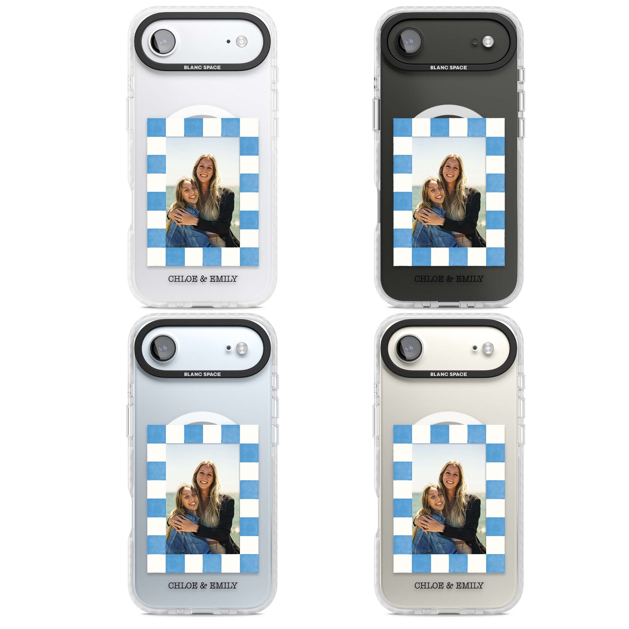 Blue Check Photo personalised photo iPhone case with blue checkered frame and custom couple names | Impact Magsafe case for iPhone Air
