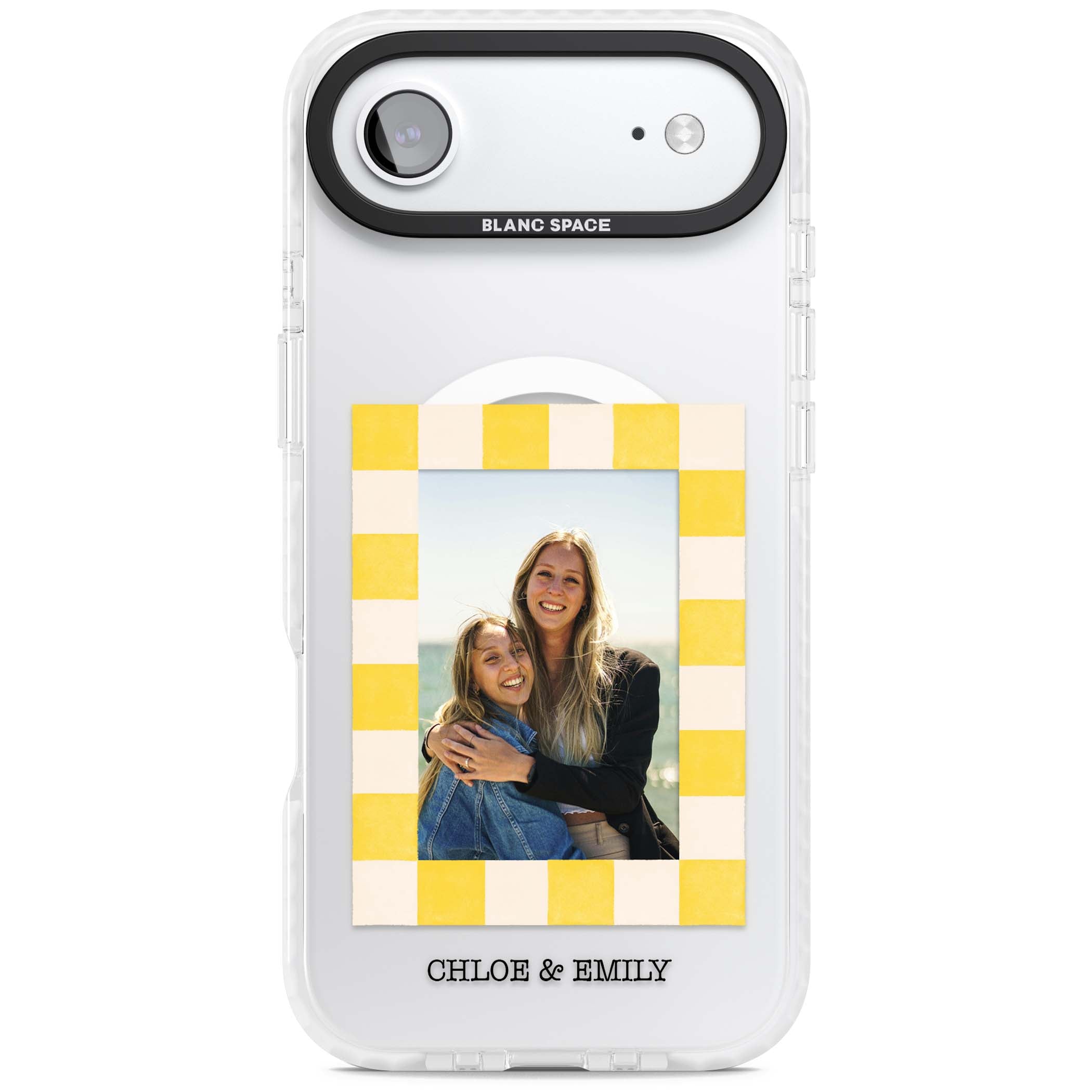 Yellow Check Photo personalised iPhone case with yellow checkered Polaroid frame and custom names beneath | Impact Magsafe case for iPhone Air