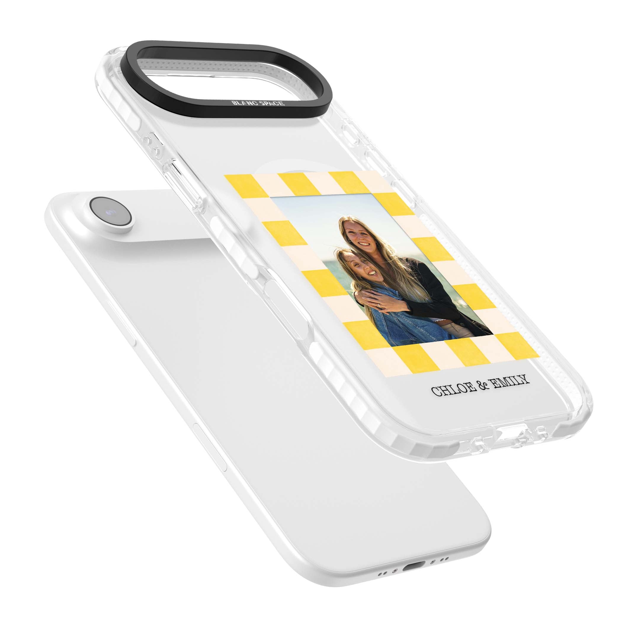 Yellow Check Photo personalised iPhone case with yellow checkered Polaroid frame and custom names beneath | Impact Magsafe case for iPhone Air