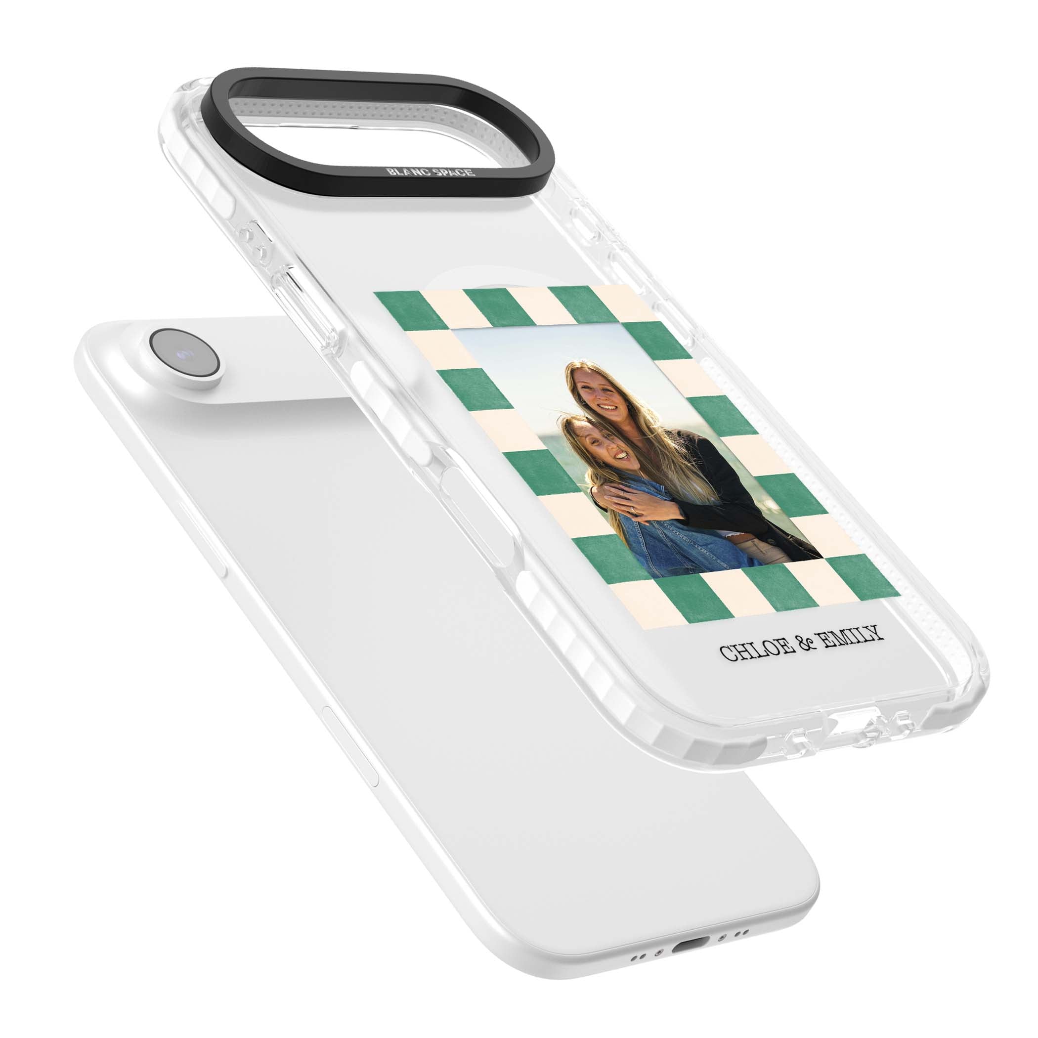 Seafoam Check Photo personalised iPhone case featuring a custom polaroid photo, green and cream checkered frame, and custom n | Impact Magsafe case for iPhone Air