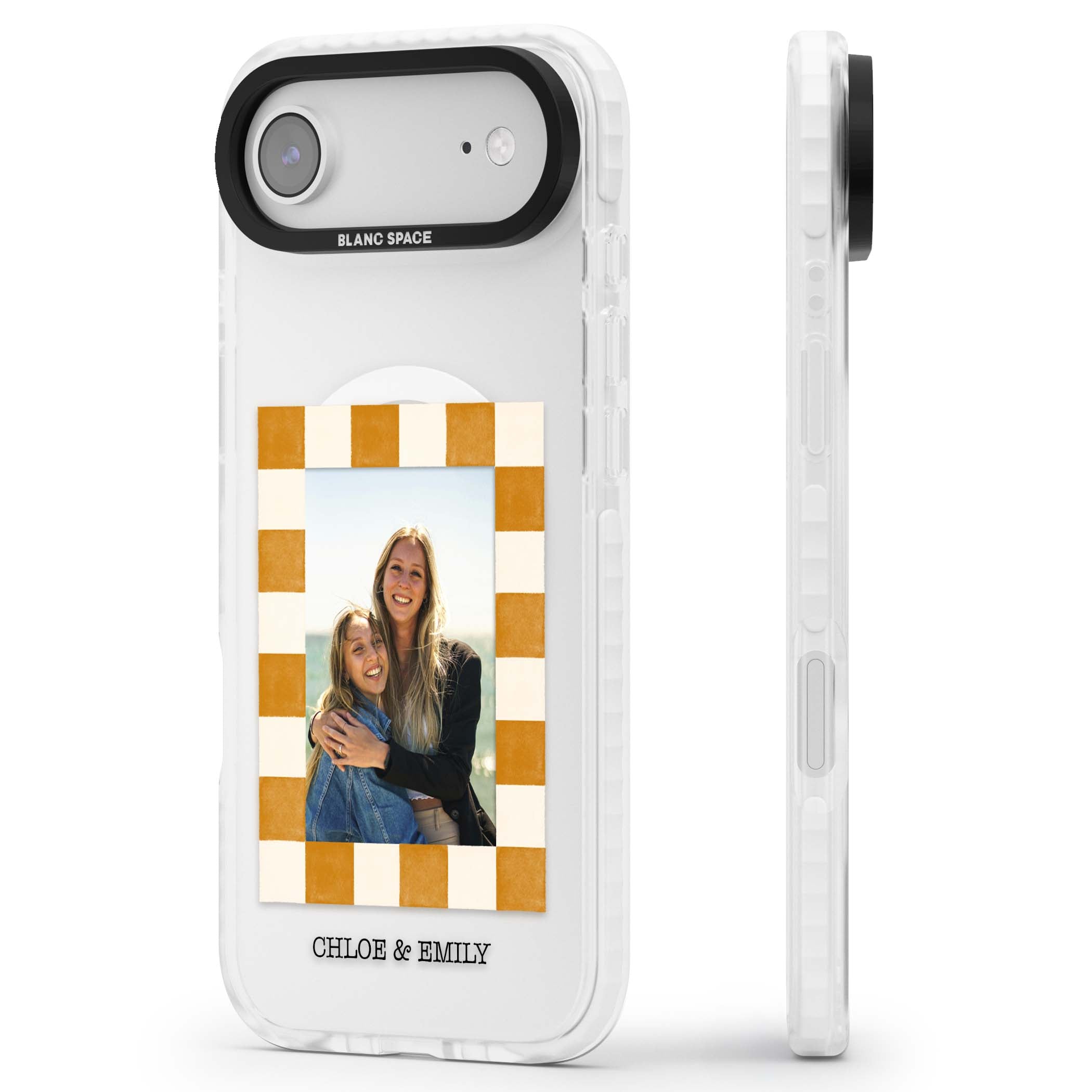 Citrus Check Photo personalised iPhone case with custom photo, orange checkered frame and names underneath | Impact Magsafe case for iPhone Air