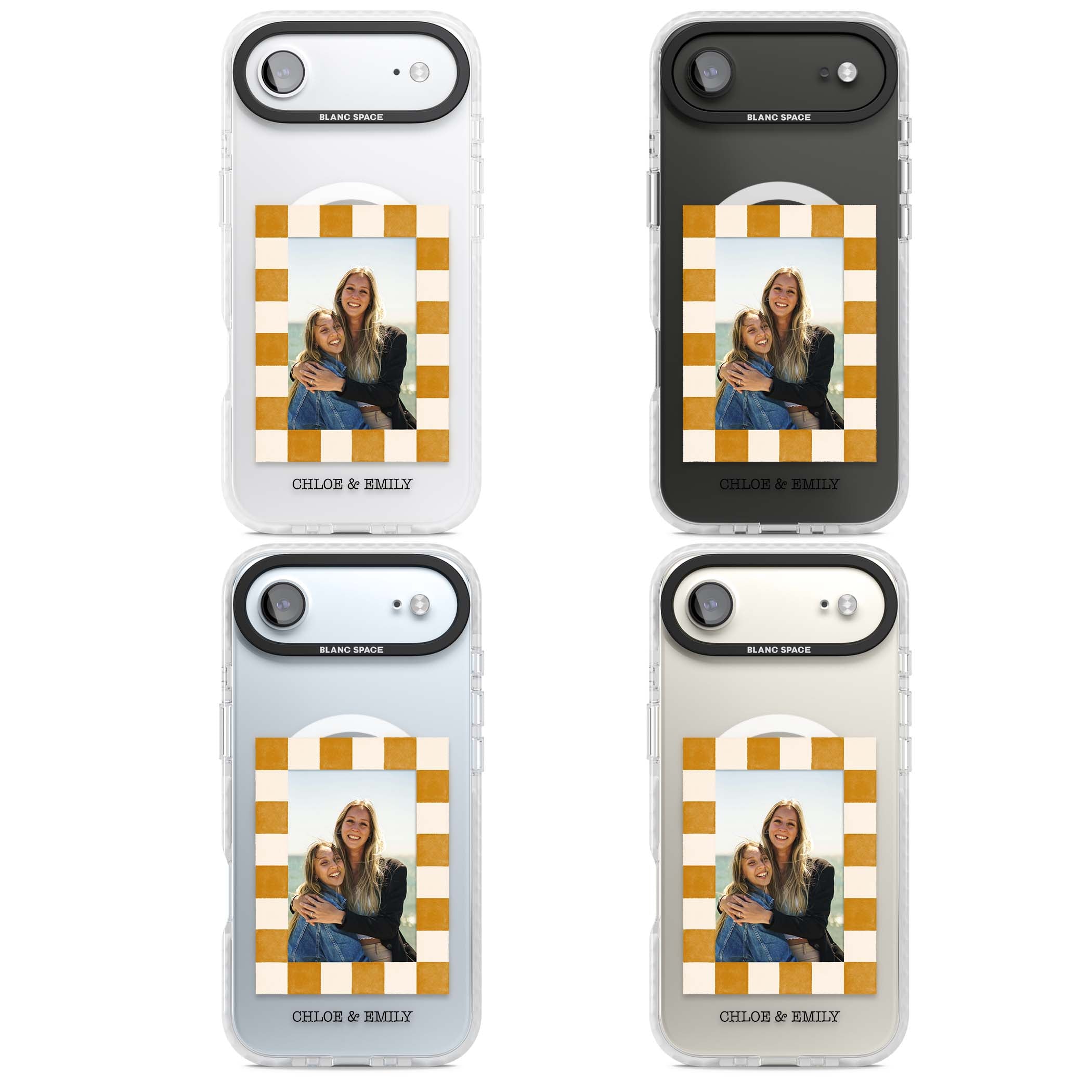 Citrus Check Photo personalised iPhone case with custom photo, orange checkered frame and names underneath | Impact Magsafe case for iPhone Air