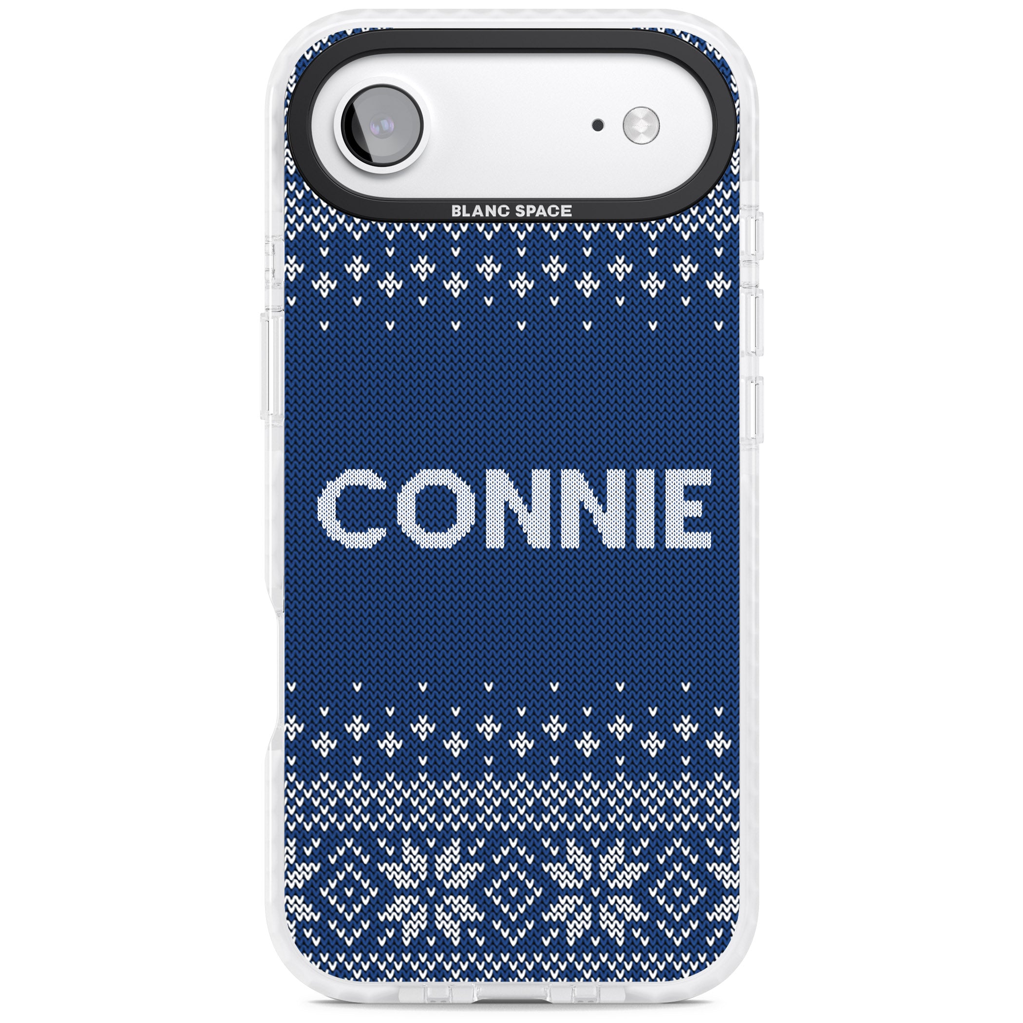 Personalised Blue Knitted Christmas iPhone 17 Air Impact Pro Clear Phone Case