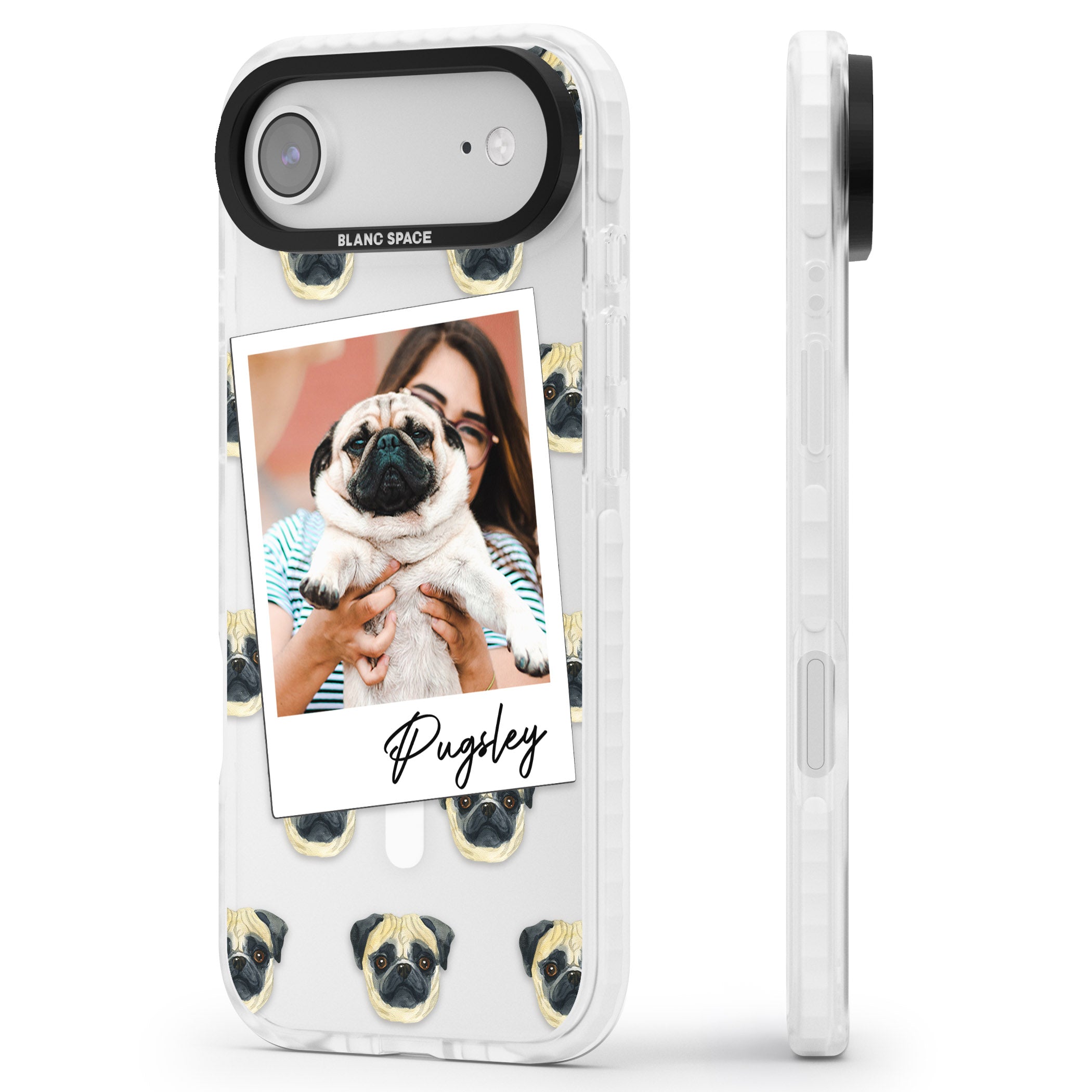 Personalised Pug Instant Camera Photo iPhone 17 Air Impact Pro Clear Phone Case Side Profile