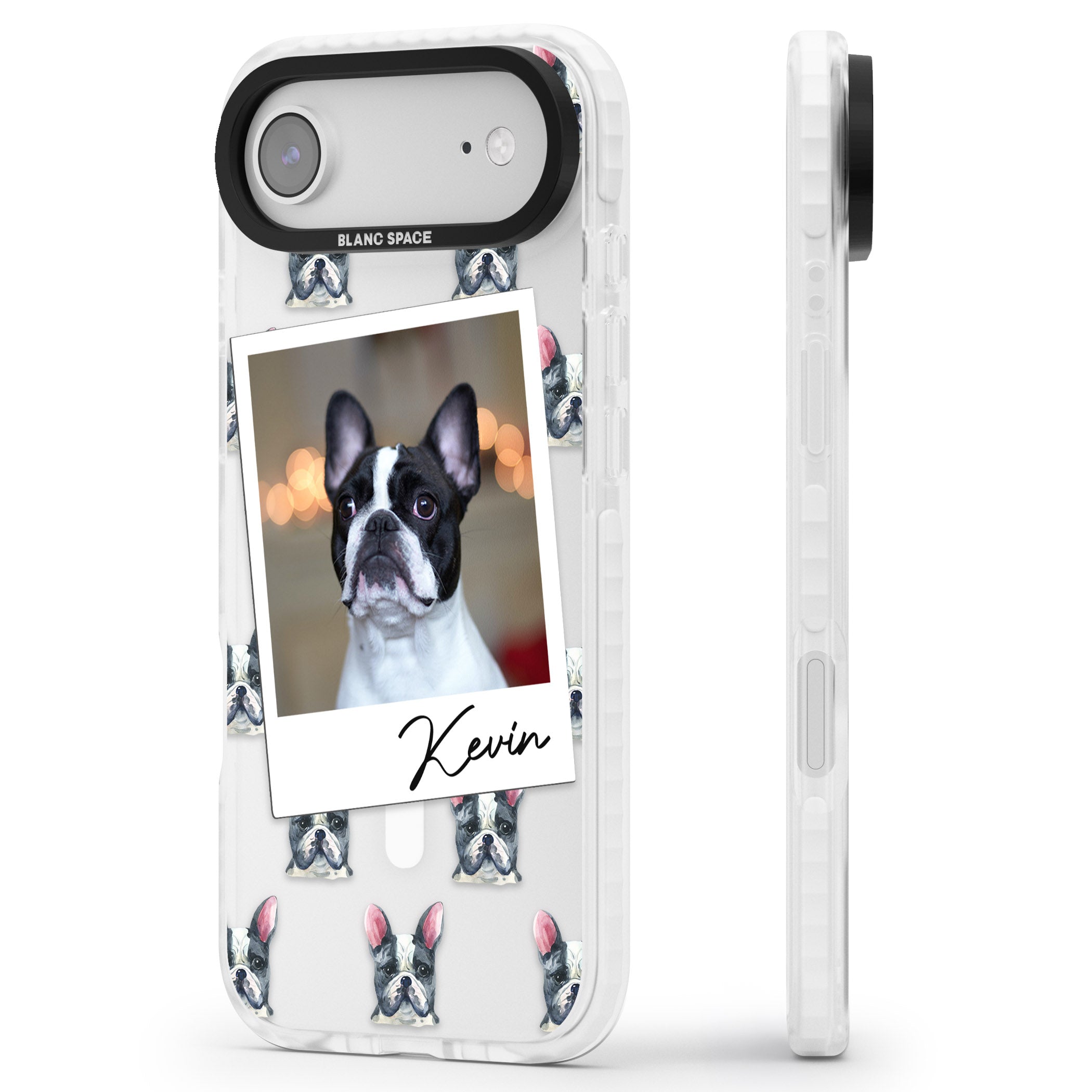 Personalised Black & White French Bulldog Instant Camera Photo iPhone 17 Air Impact Pro Clear Phone Case Side Profile