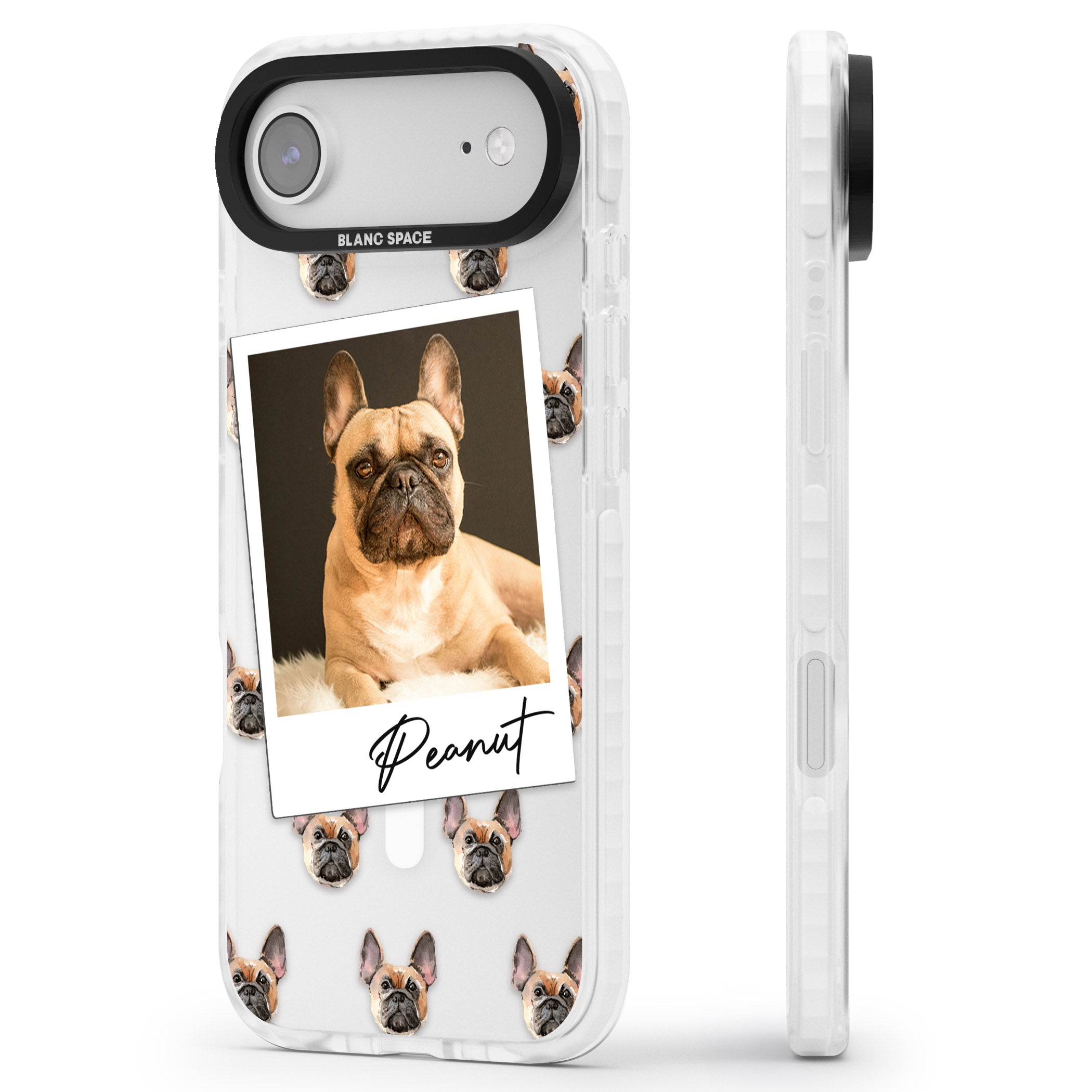 Personalised Tan French Bulldog Instant Camera Photo iPhone 17 Air Impact Pro Clear Phone Case Side Profile