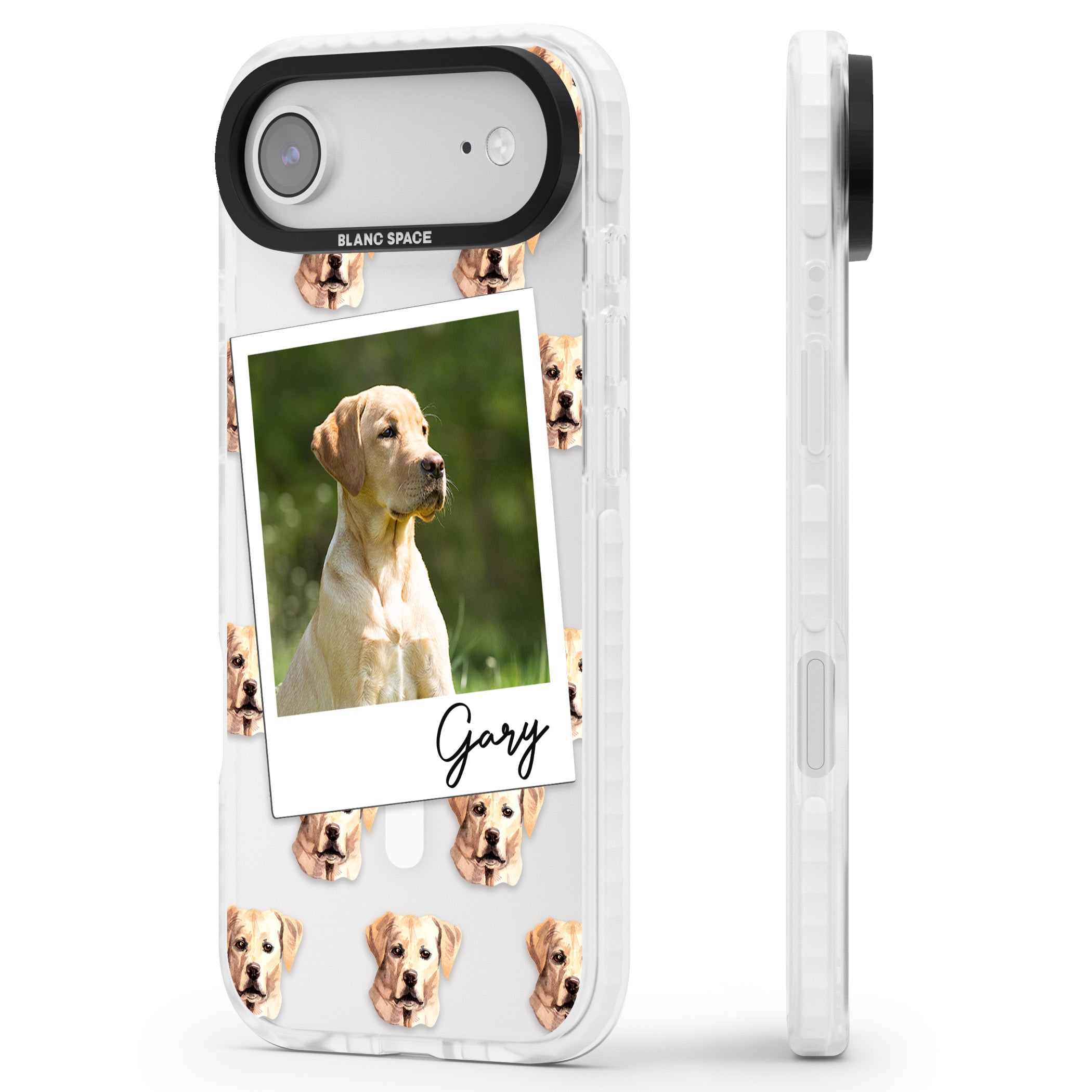 Personalised Tan Black Labrador Instant Camera Photo iPhone 17 Air Impact Pro Clear Phone Case Side Profile