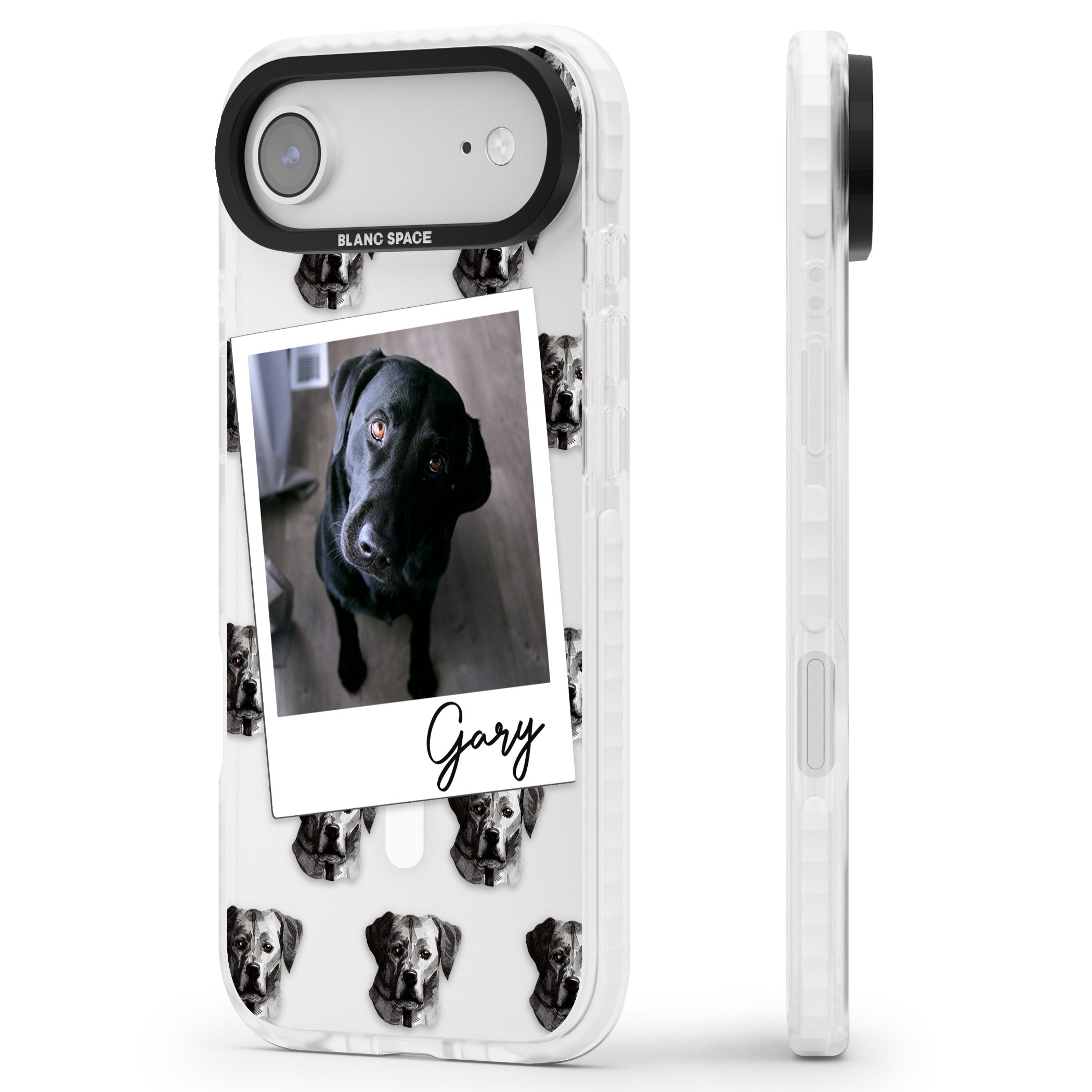 Personalised Black Labrador Instant Camera Photo iPhone 17 Air Impact Pro Clear Phone Case Side Profile