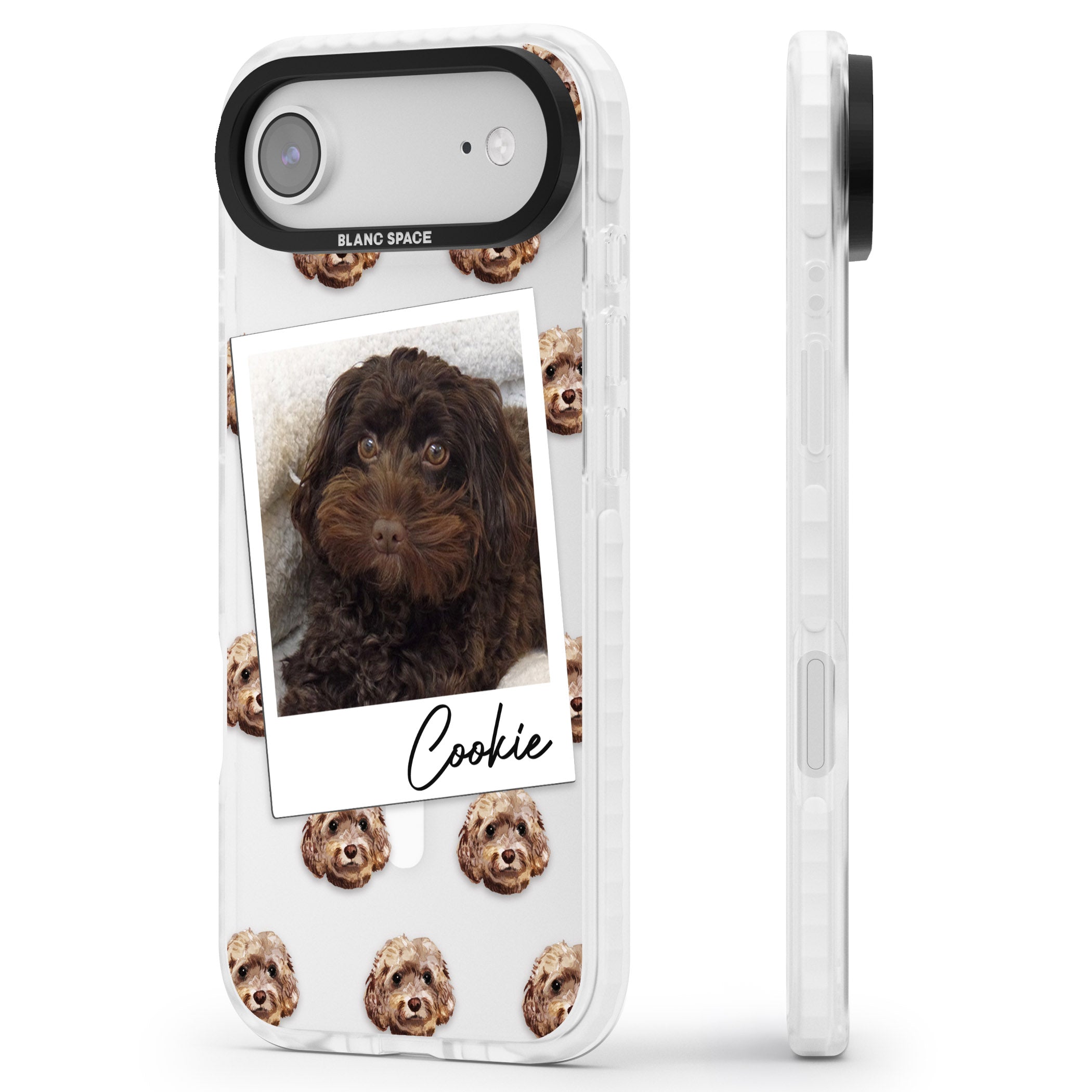 Personalised Brown Cockapoo Instant Camera Photo iPhone 17 Air Impact Pro Clear Phone Case Side Profile