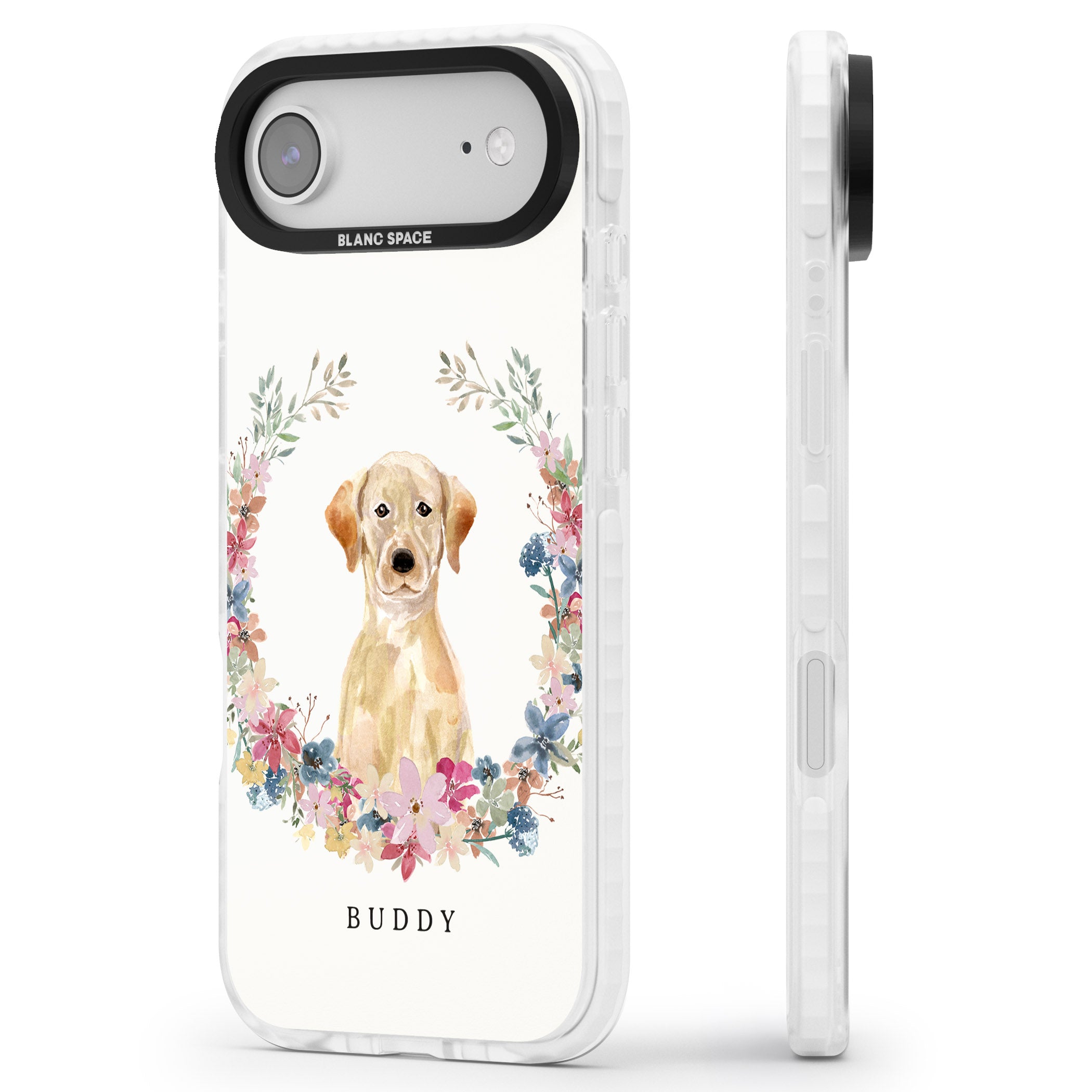 Personalised Yellow Labrador Retriever Floral Portrait iPhone 17 Air Impact Pro Clear Phone Case Side Profile