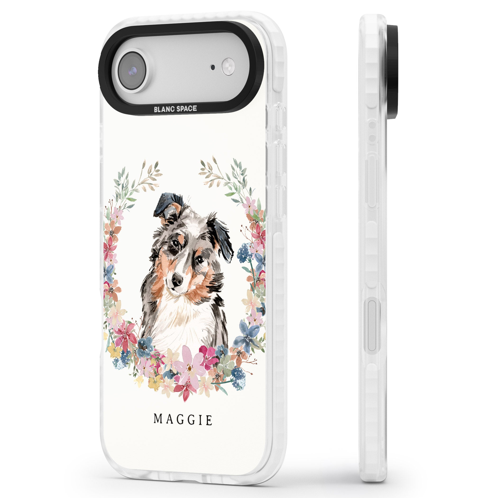 Personalised Australian Shepherd Floral Portrait iPhone 17 Air Impact Pro Clear Phone Case Side Profile