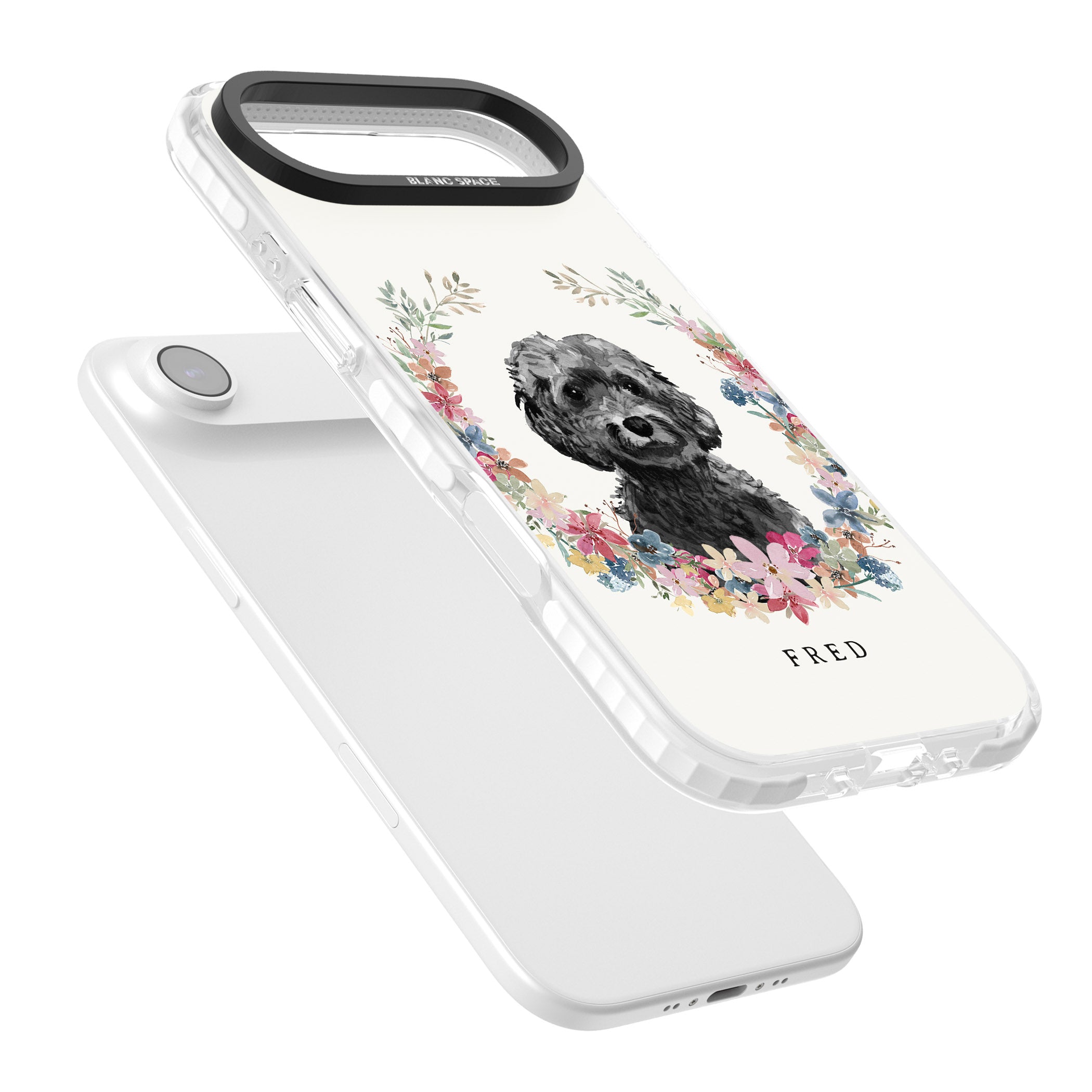 Personalised Black Cockapoo Floral Portrait iPhone 17 Air Impact Pro Clear Phone Case Colours