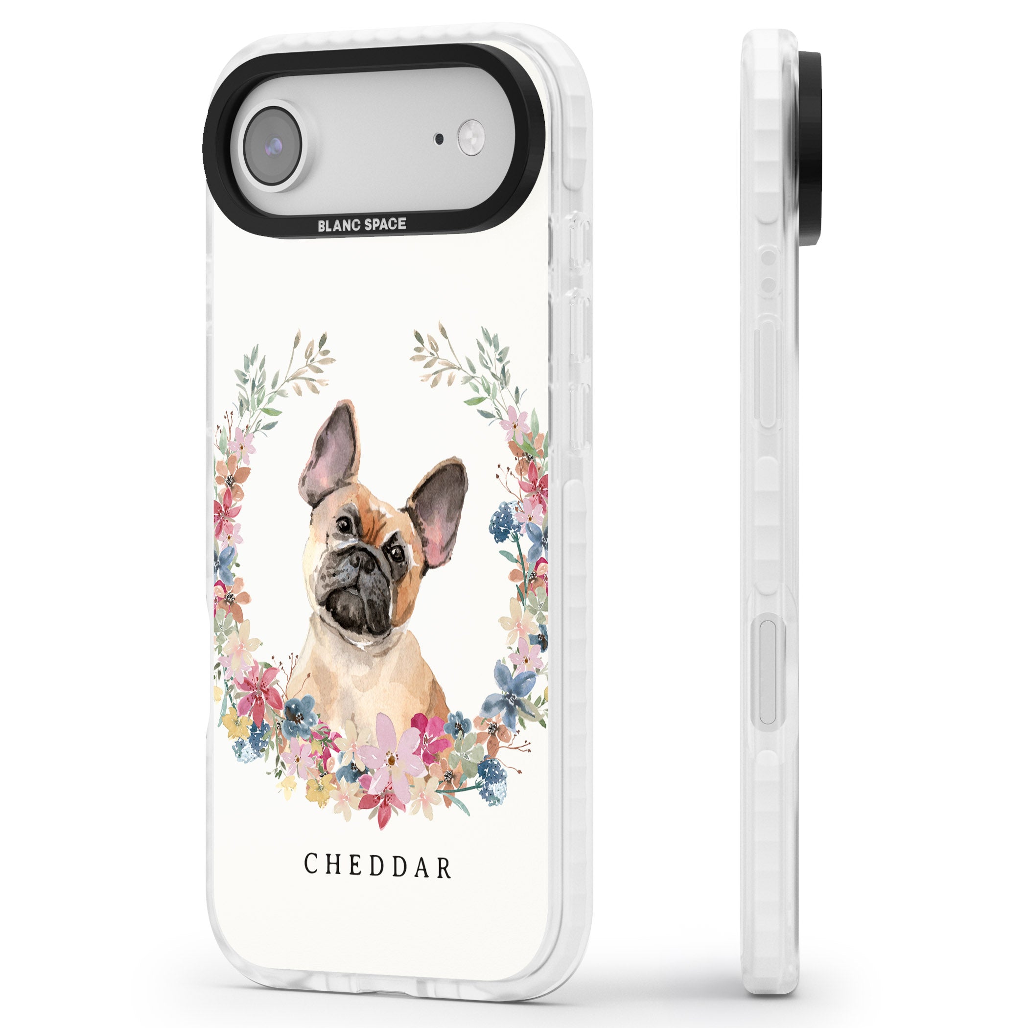 Personalised Tan French Bulldog Floral Portrait iPhone 17 Air Impact Pro Clear Phone Case Side Profile