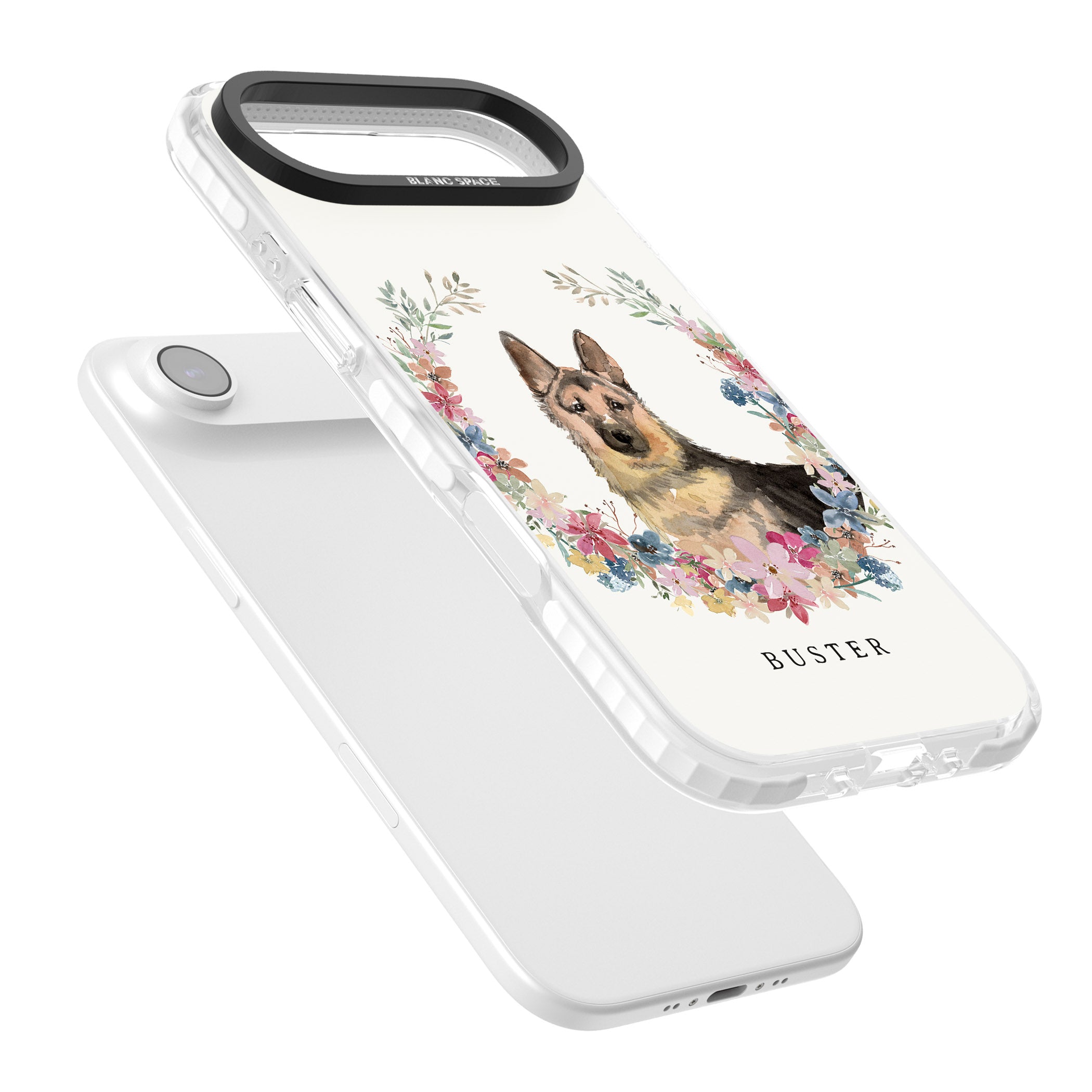 Personalised German Shepherd Floral Portrait iPhone 17 Air Impact Pro Clear Phone Case Colours