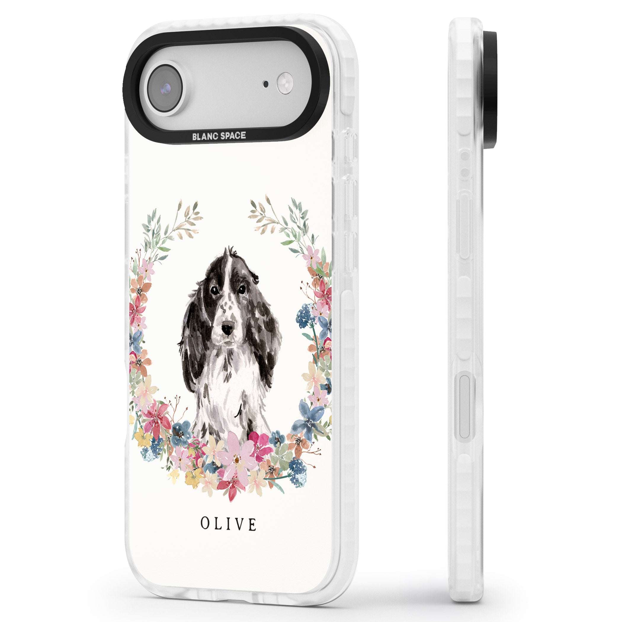 Personalised Black Cocker Spaniel Floral Portrait iPhone 17 Air Impact Pro Clear Phone Case Side Profile