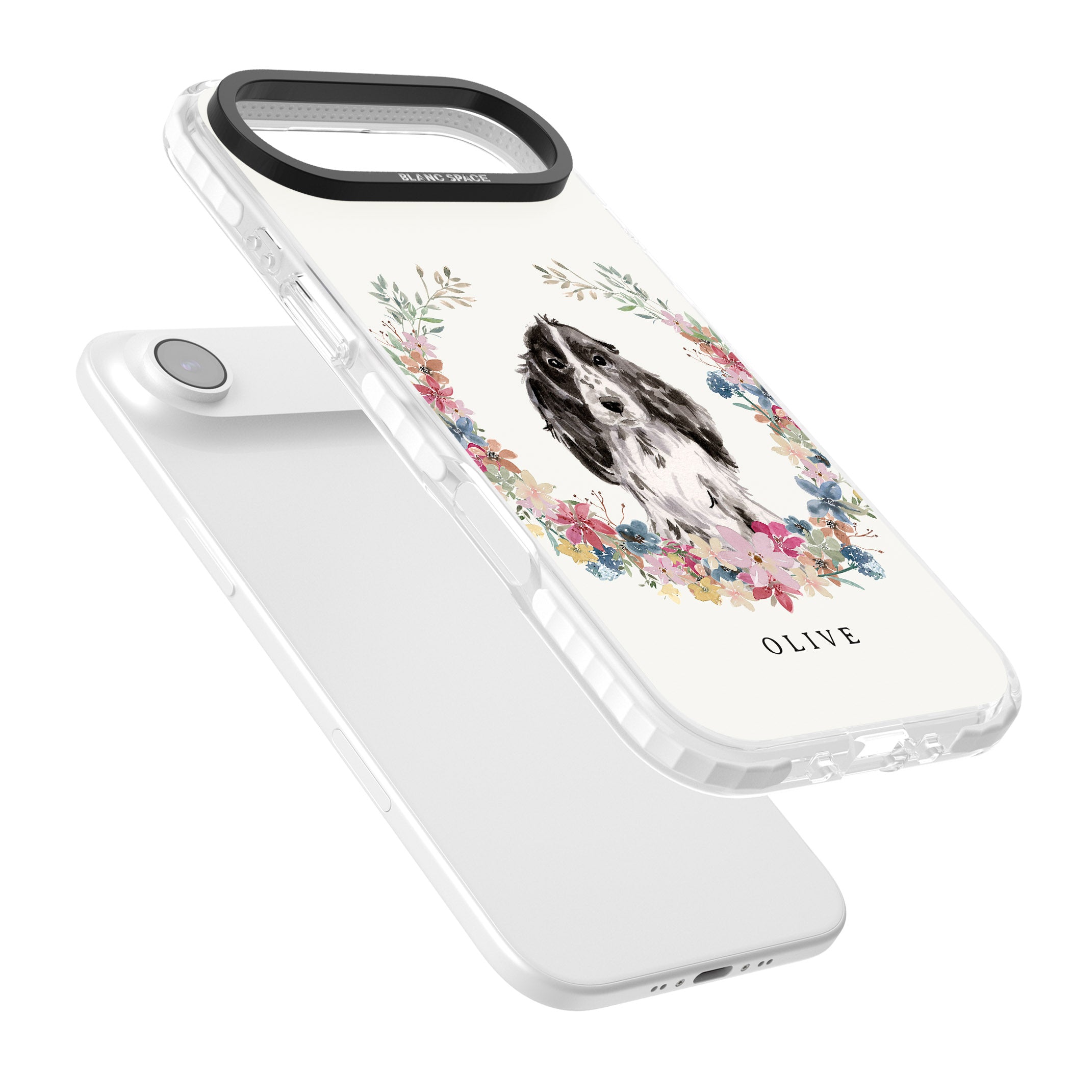 Personalised Black Cocker Spaniel Floral Portrait iPhone 17 Air Impact Pro Clear Phone Case Colours