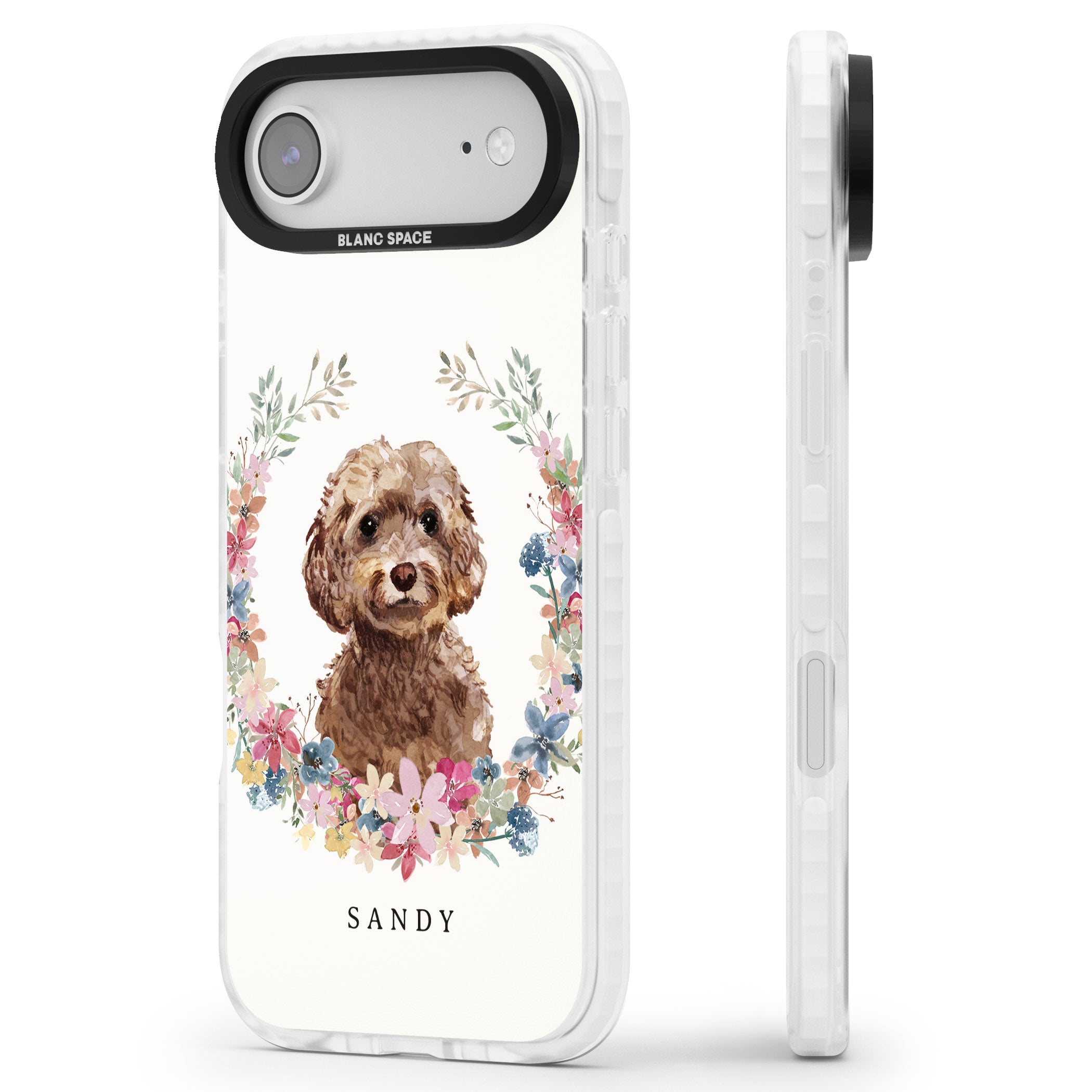 Personalised Brown Cockapoo Floral Portrait iPhone 17 Air Impact Pro Clear Phone Case Side Profile