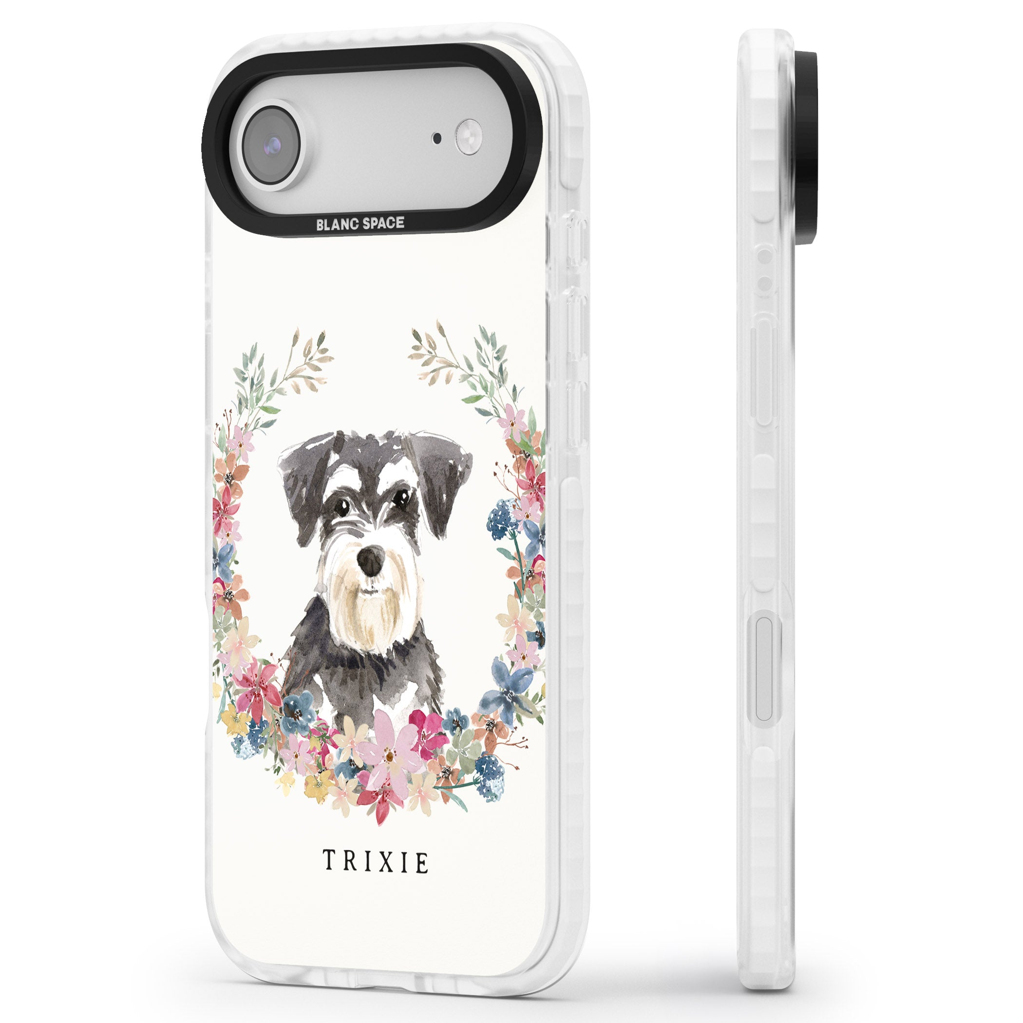 Personalised Watercolor Schnauzer Floral Portrait iPhone 17 Air Impact Pro Clear Phone Case Side Profile