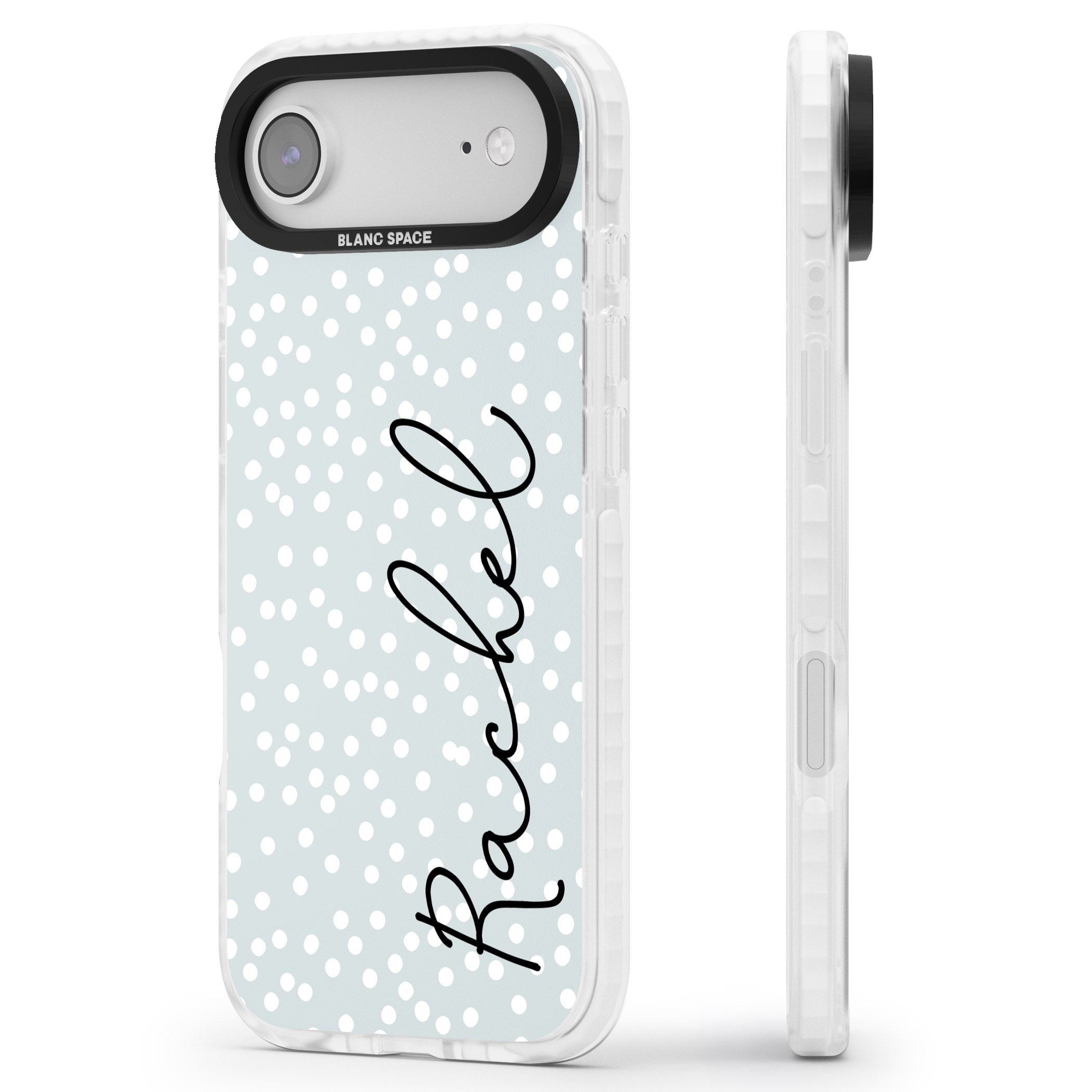 Personalised Vertical Cursive & Dots iPhone 17 Air Impact Pro Clear Phone Case Side Profile