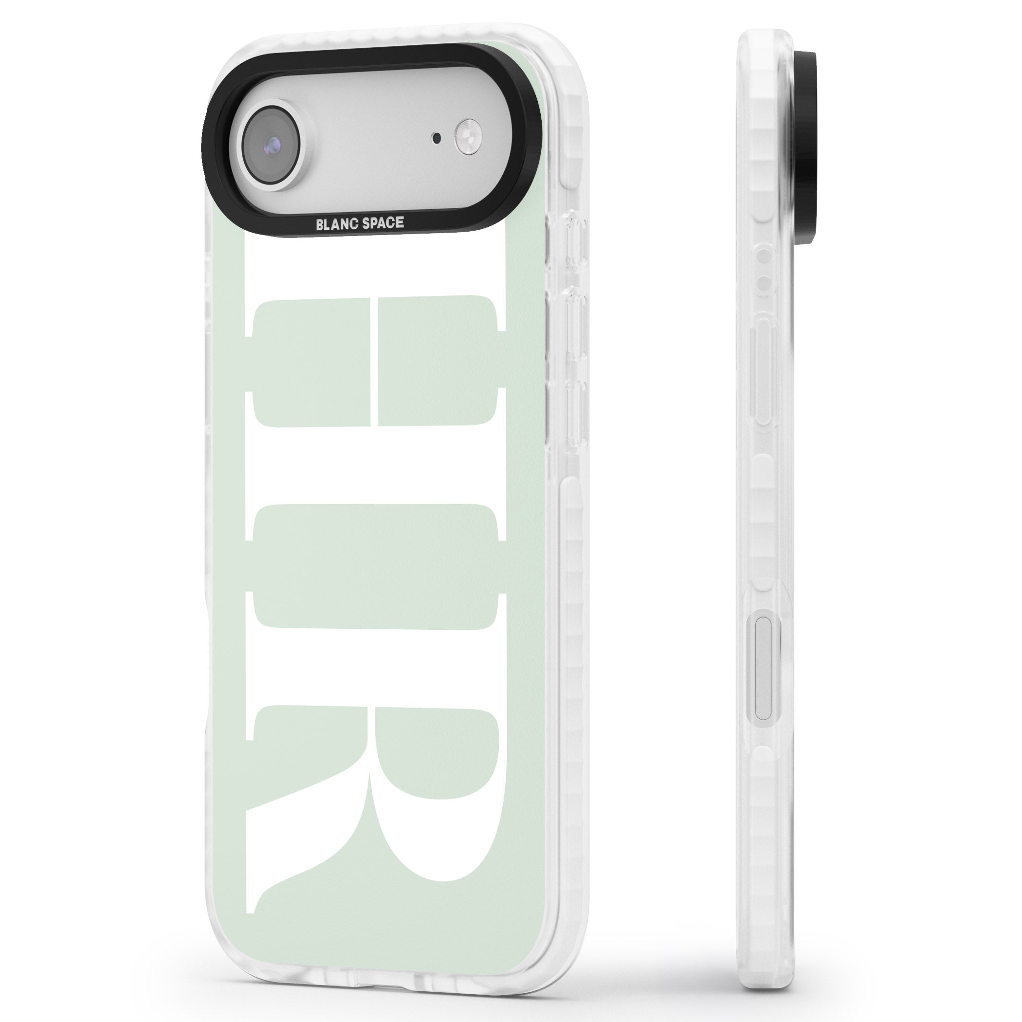 Personalised White & Seafoam Green Letters iPhone 17 Air Impact Pro Clear Phone Case Side Profile