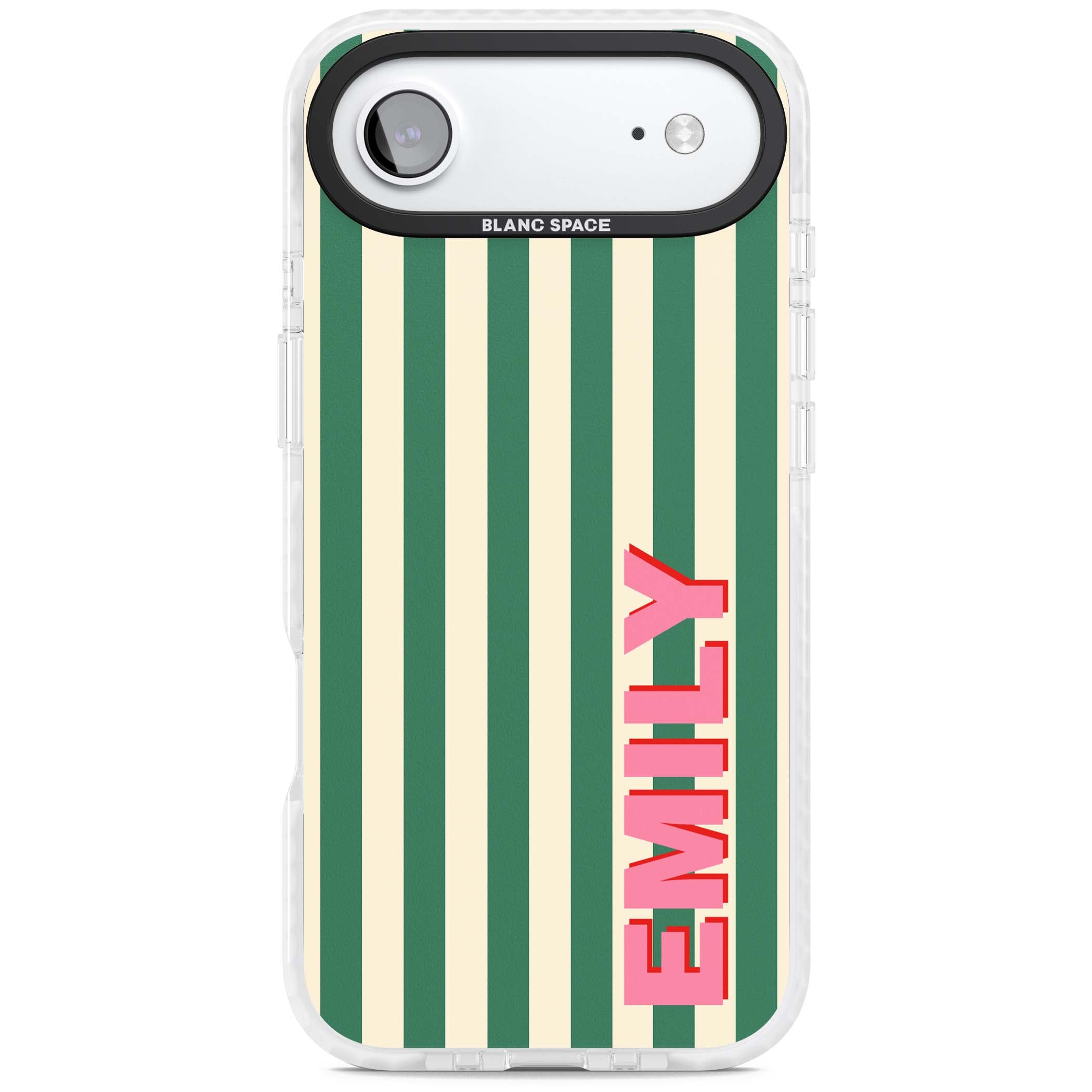 Wimbledon Stripe preppy iPhone case featuring green and cream vertical stripes with a personalised pink name | Impact Magsafe case for iPhone Air