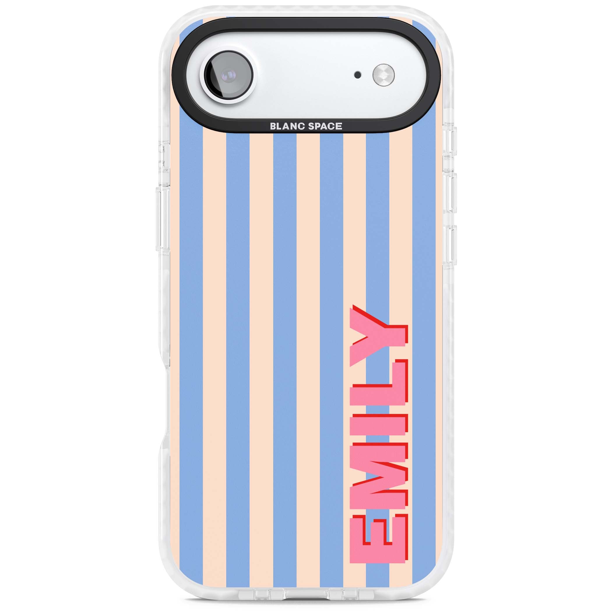 Coastal Stripe personalised coastal iPhone case with blue and peach vertical stripes and custom pink name | Impact Magsafe case for iPhone Air
