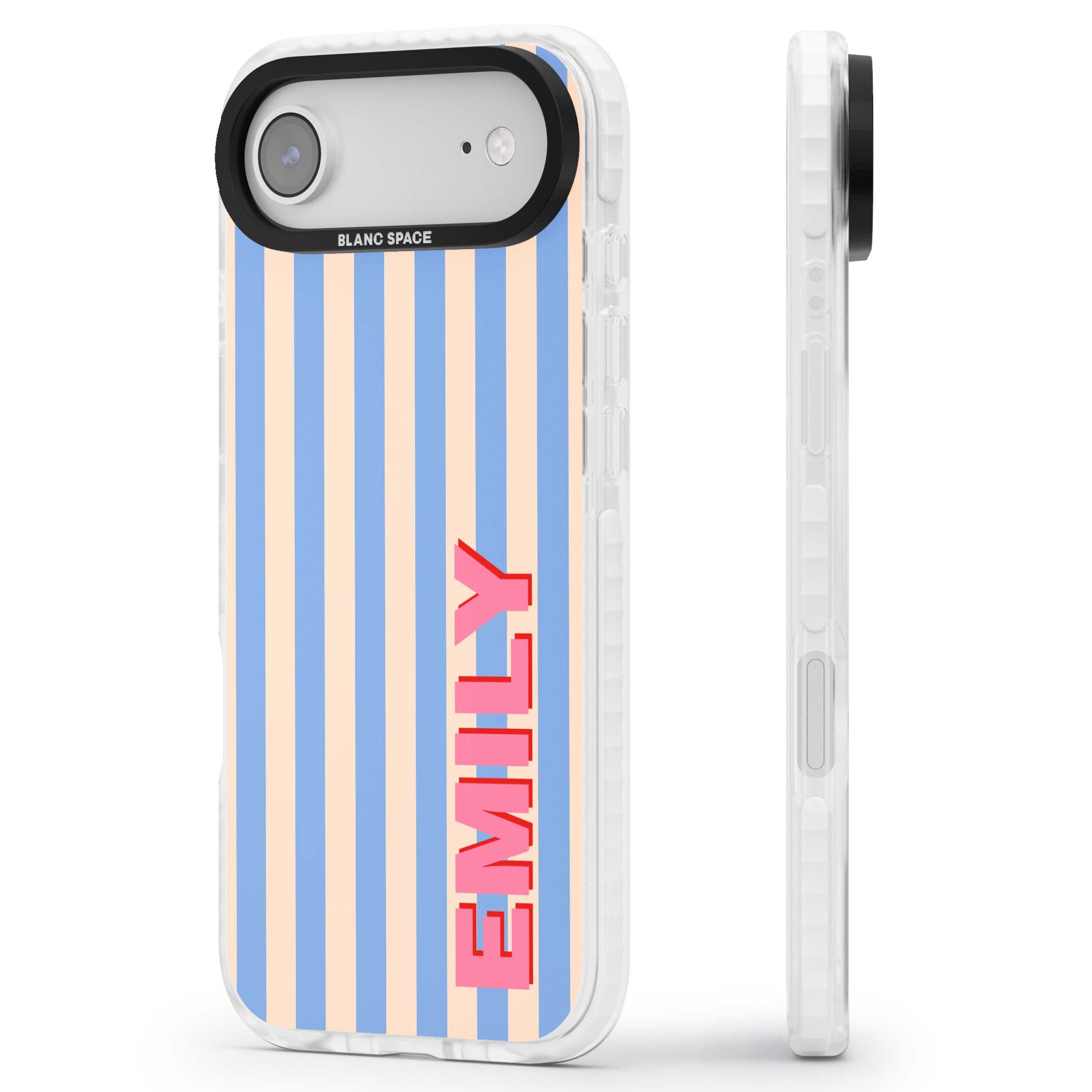 Coastal Stripe personalised coastal iPhone case with blue and peach vertical stripes and custom pink name | Impact Magsafe case for iPhone Air