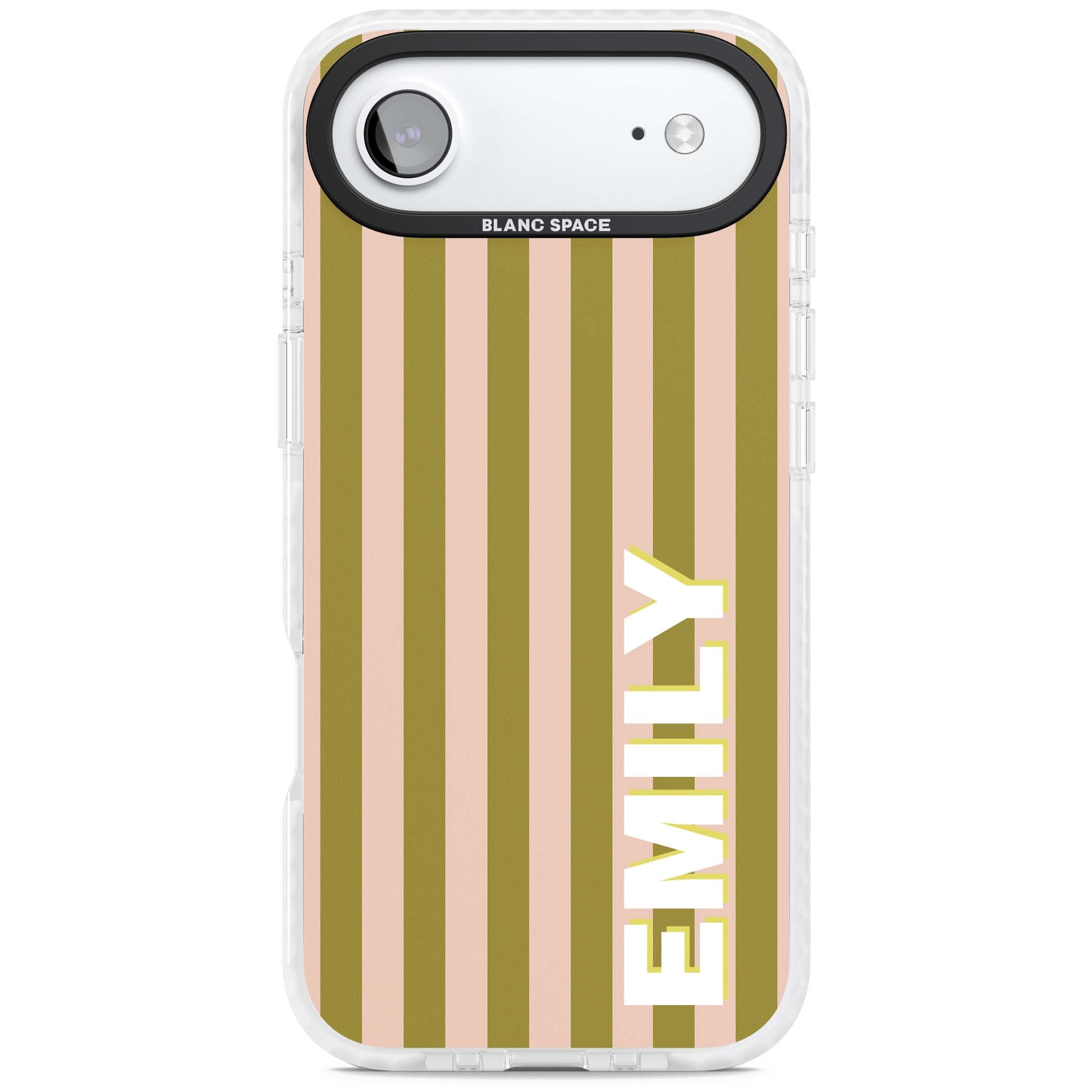 Indian Stripe personalised iPhone case featuring olive green and blush pink vertical stripes with custom name in whit | Impact Magsafe case for iPhone Air