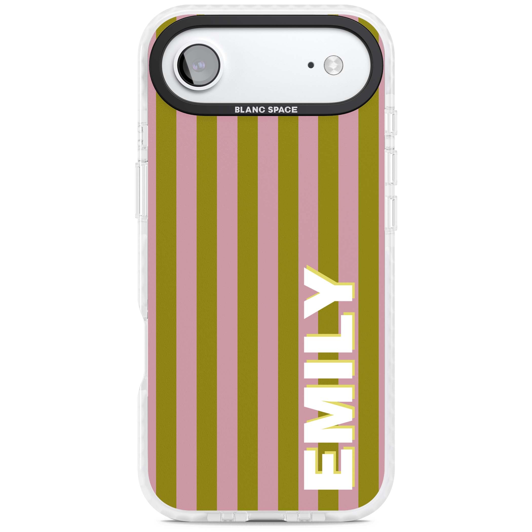 Istanbul Stripe personalised iPhone case featuring pink and olive green vertical stripes with a custom vertical name | Impact Magsafe case for iPhone Air