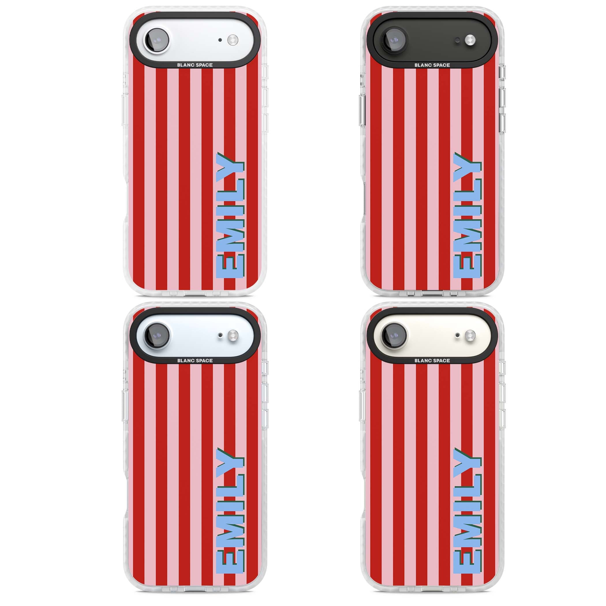 Market Stripe personalised iPhone case with red and pink vertical stripes and custom blue name | Impact Magsafe case for iPhone Air