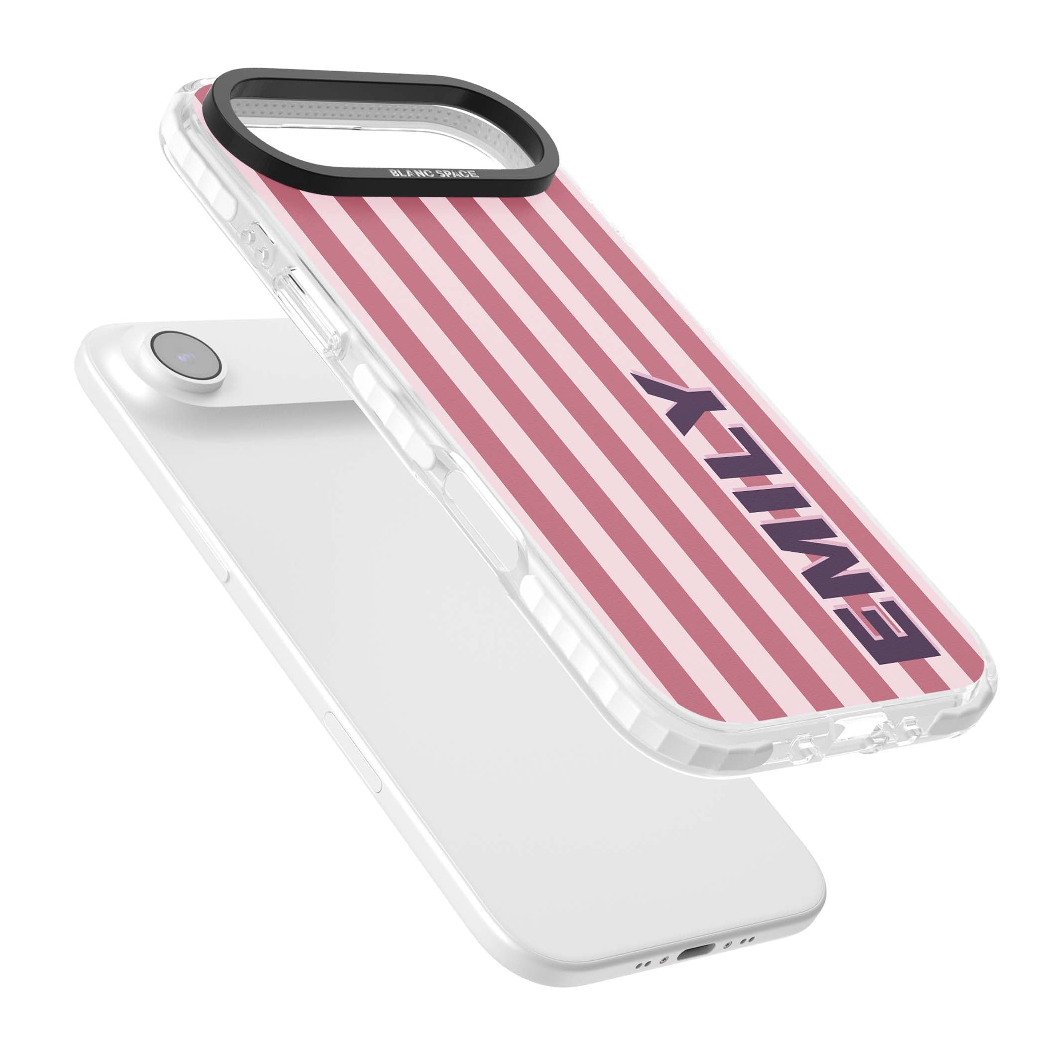 Victoria Stripe personalised iPhone case featuring pink vertical stripes and custom name in bold plum lettering | Impact Magsafe case for iPhone Air