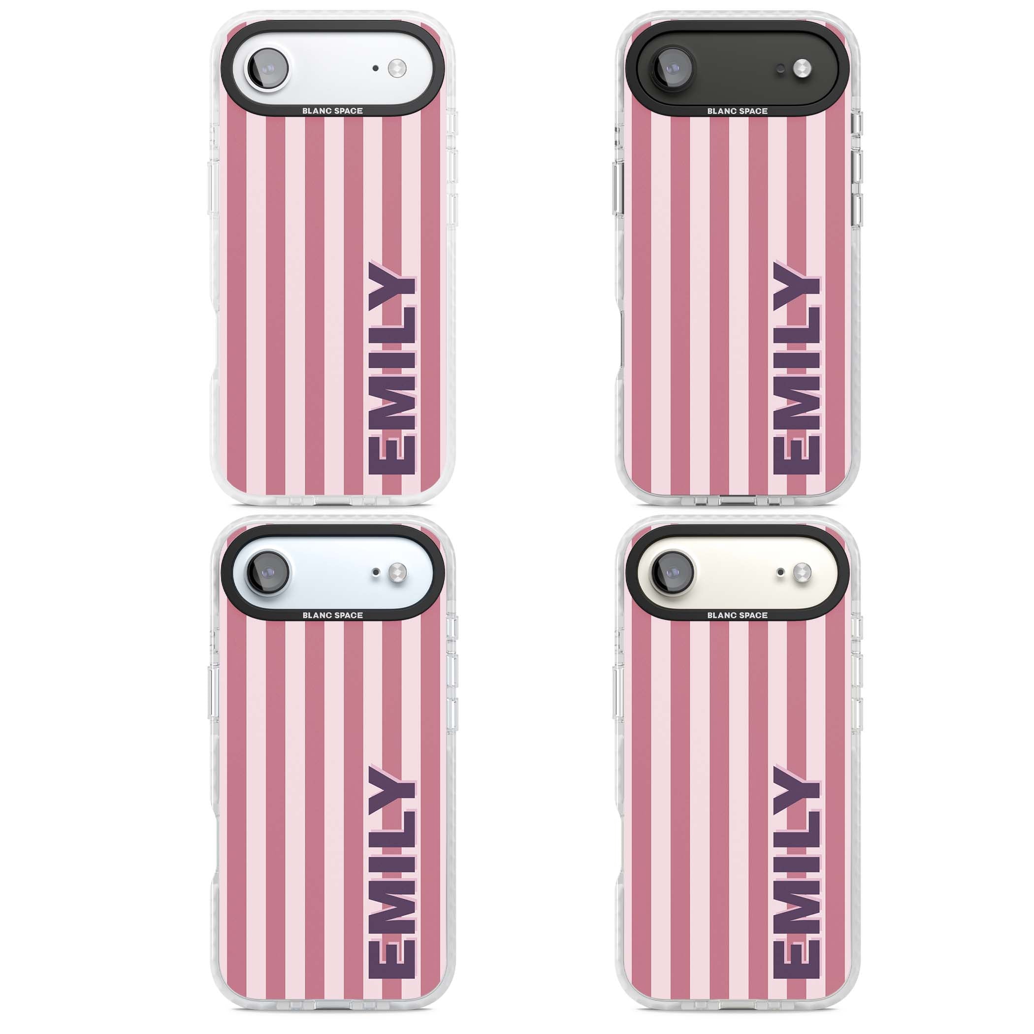 Victoria Stripe personalised iPhone case featuring pink vertical stripes and custom name in bold plum lettering | Impact Magsafe case for iPhone Air