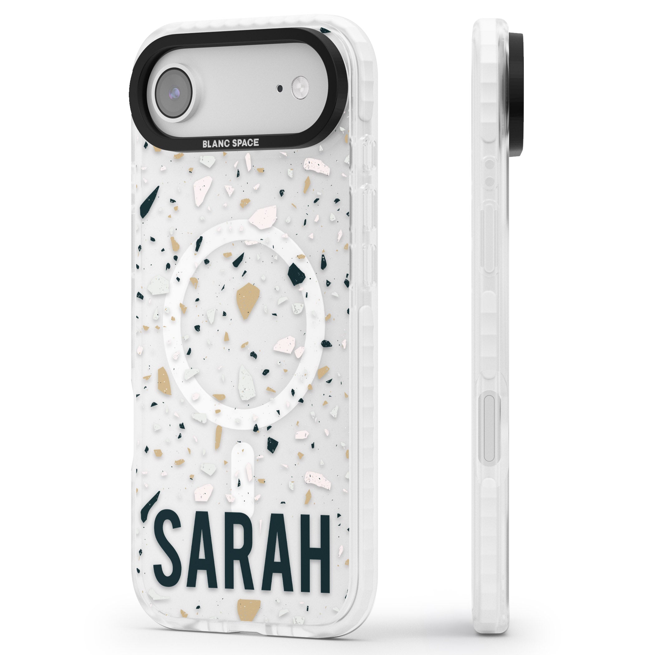 Personalised Terrazzo Blue, Pink, Brown iPhone 17 Air Impact Pro Clear Phone Case Side Profile