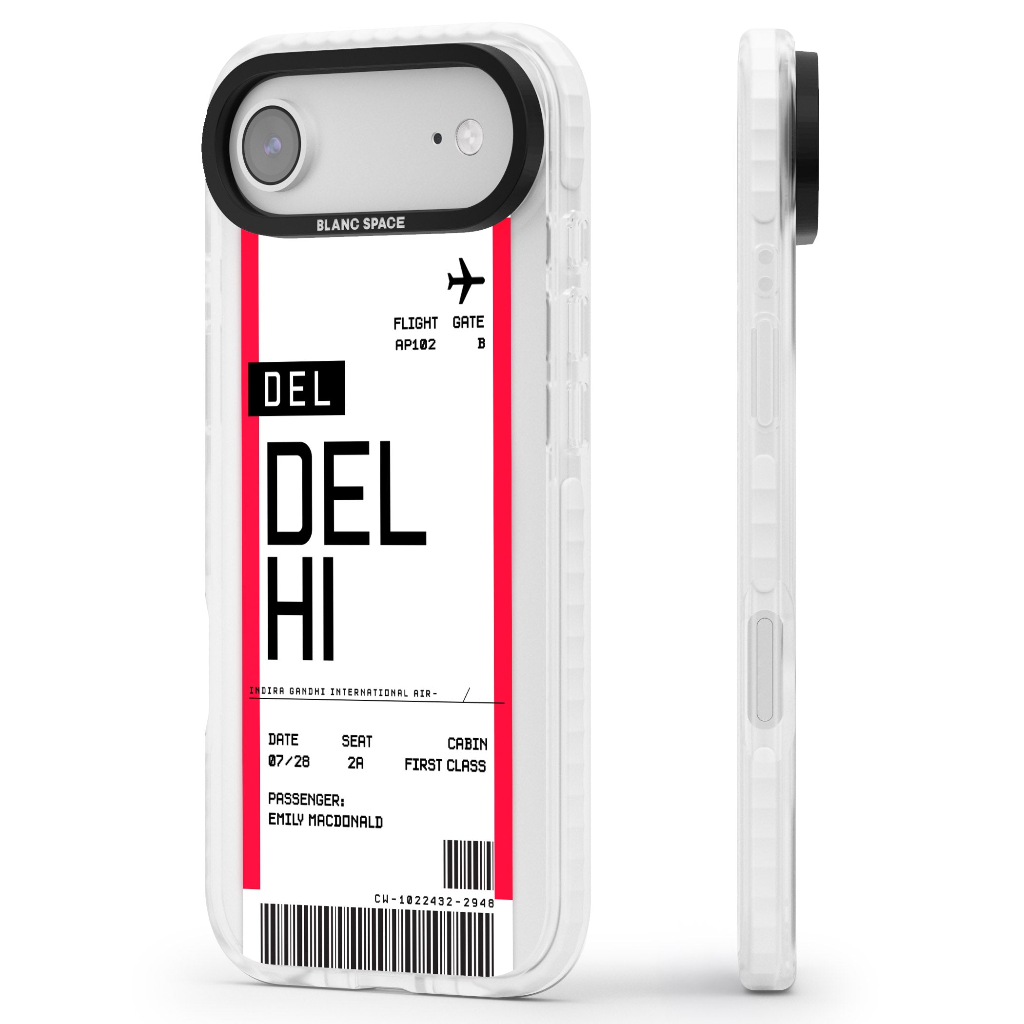 Personalised Delhi Boarding Pass iPhone 17 Air Impact Pro Clear Phone Case Side Profile