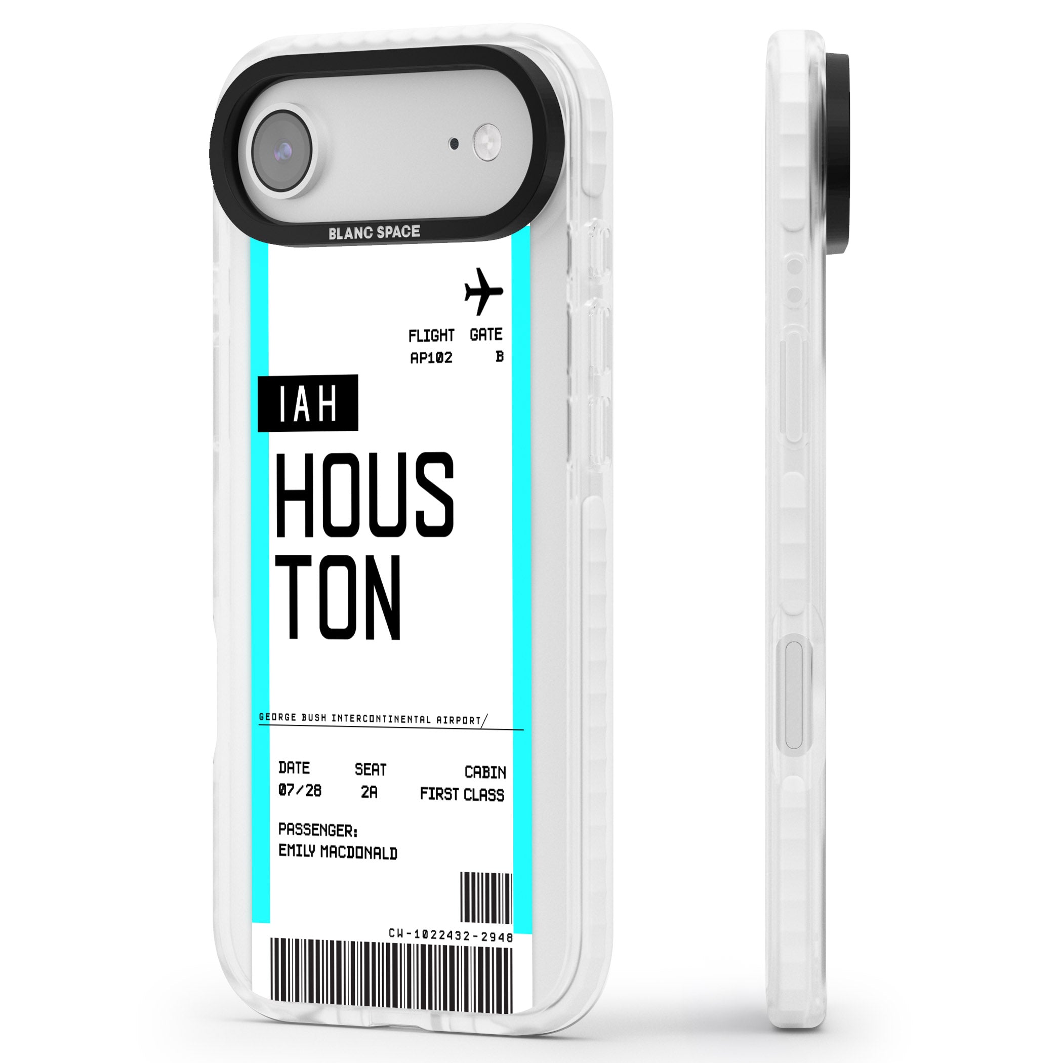 Personalised Houston Boarding Pass iPhone 17 Air Impact Pro Clear Phone Case Side Profile