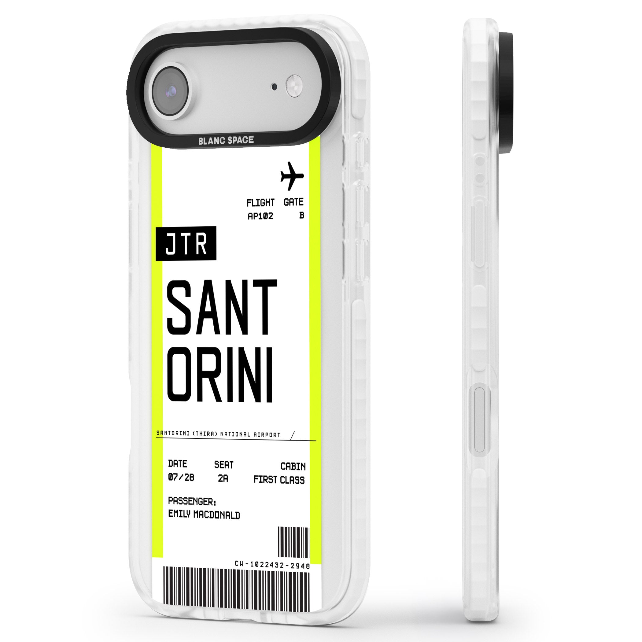 Personalised Santorini Boarding Pass iPhone 17 Air Impact Pro Clear Phone Case Side Profile