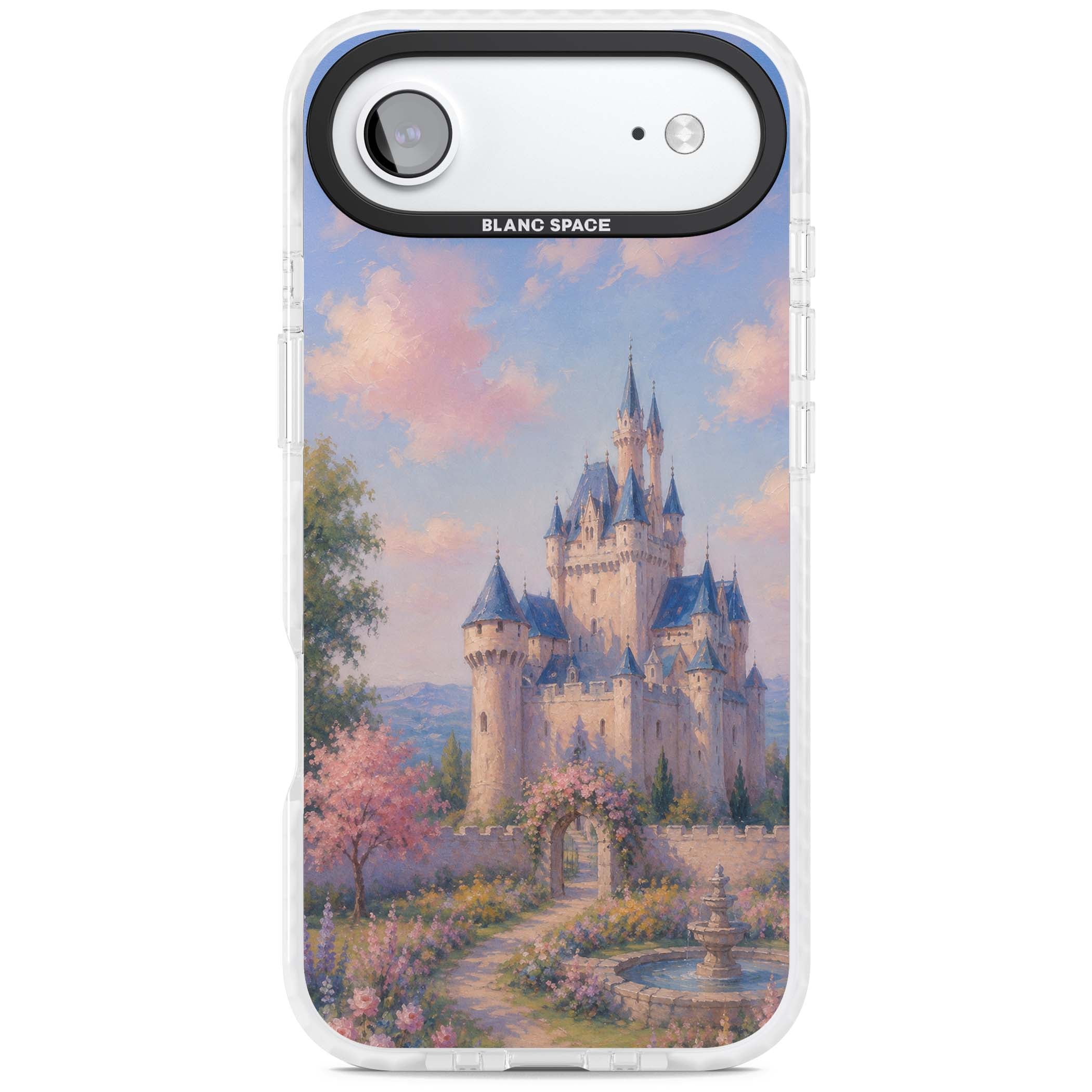 Enchanted Kingdom fairytale iPhone case featuring a romantic castle painting with cherry blossoms and pastel pink sky | Impact Magsafe case for iPhone Air