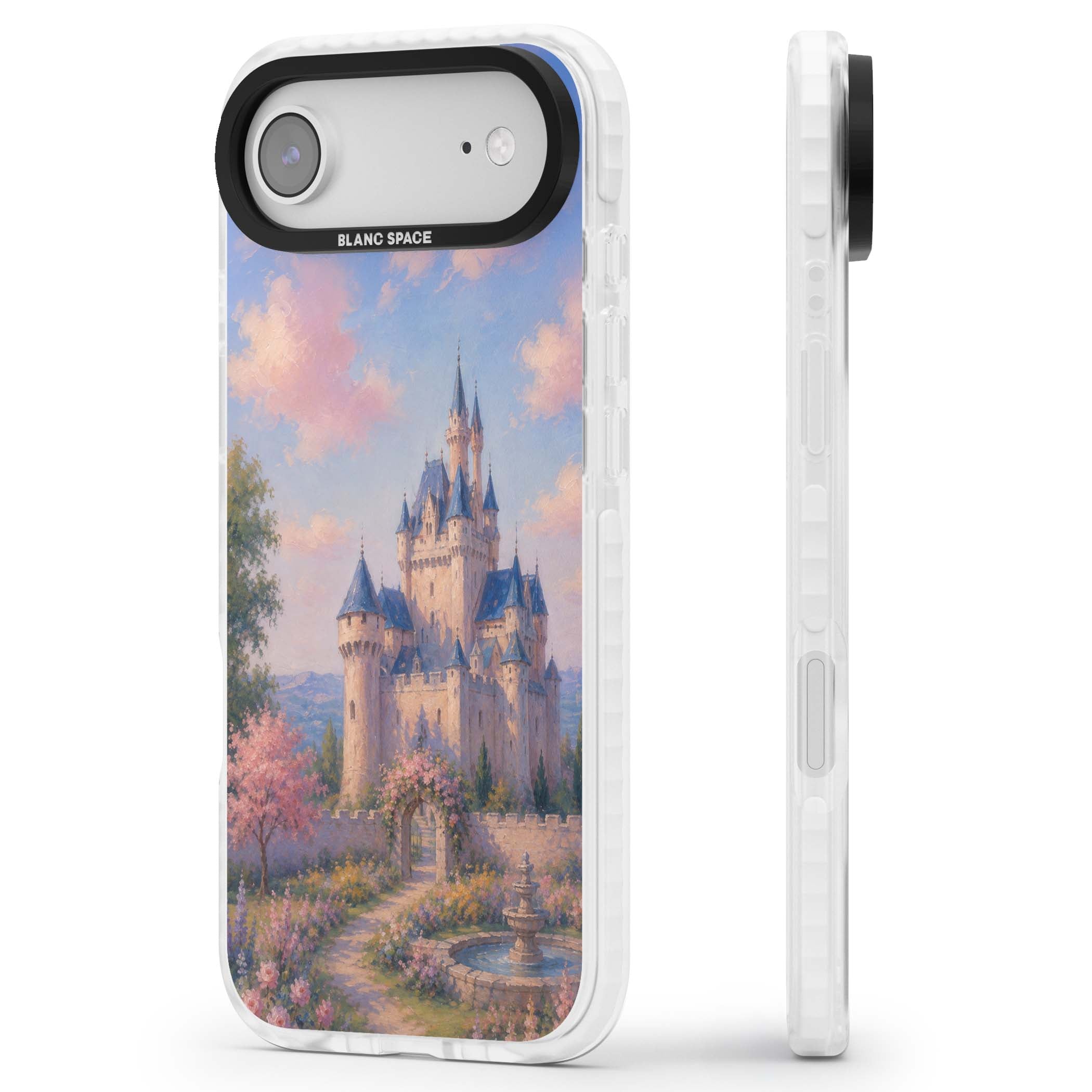 Enchanted Kingdom fairytale iPhone case featuring a romantic castle painting with cherry blossoms and pastel pink sky | Impact Magsafe case for iPhone Air