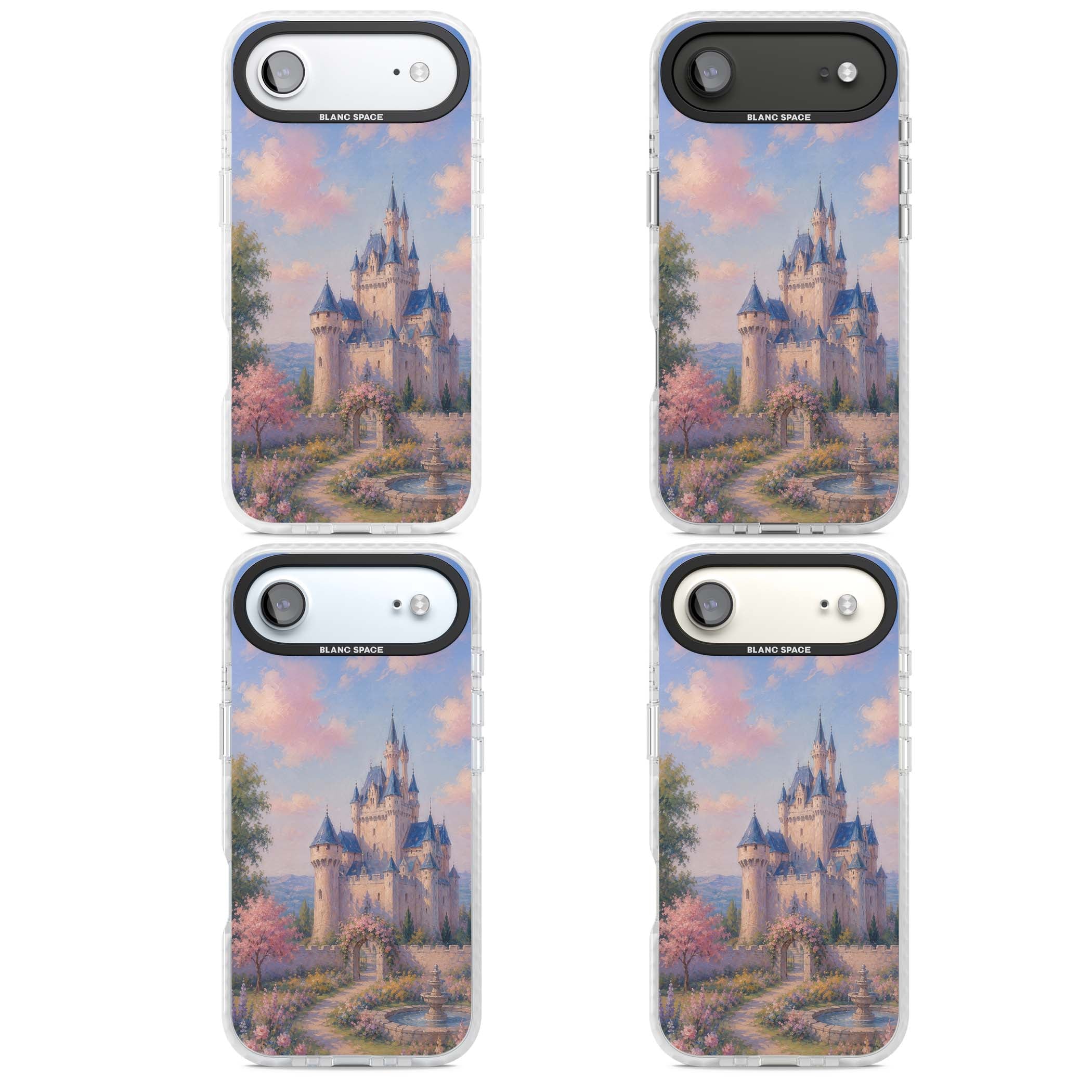 Enchanted Kingdom fairytale iPhone case featuring a romantic castle painting with cherry blossoms and pastel pink sky | Impact Magsafe case for iPhone Air