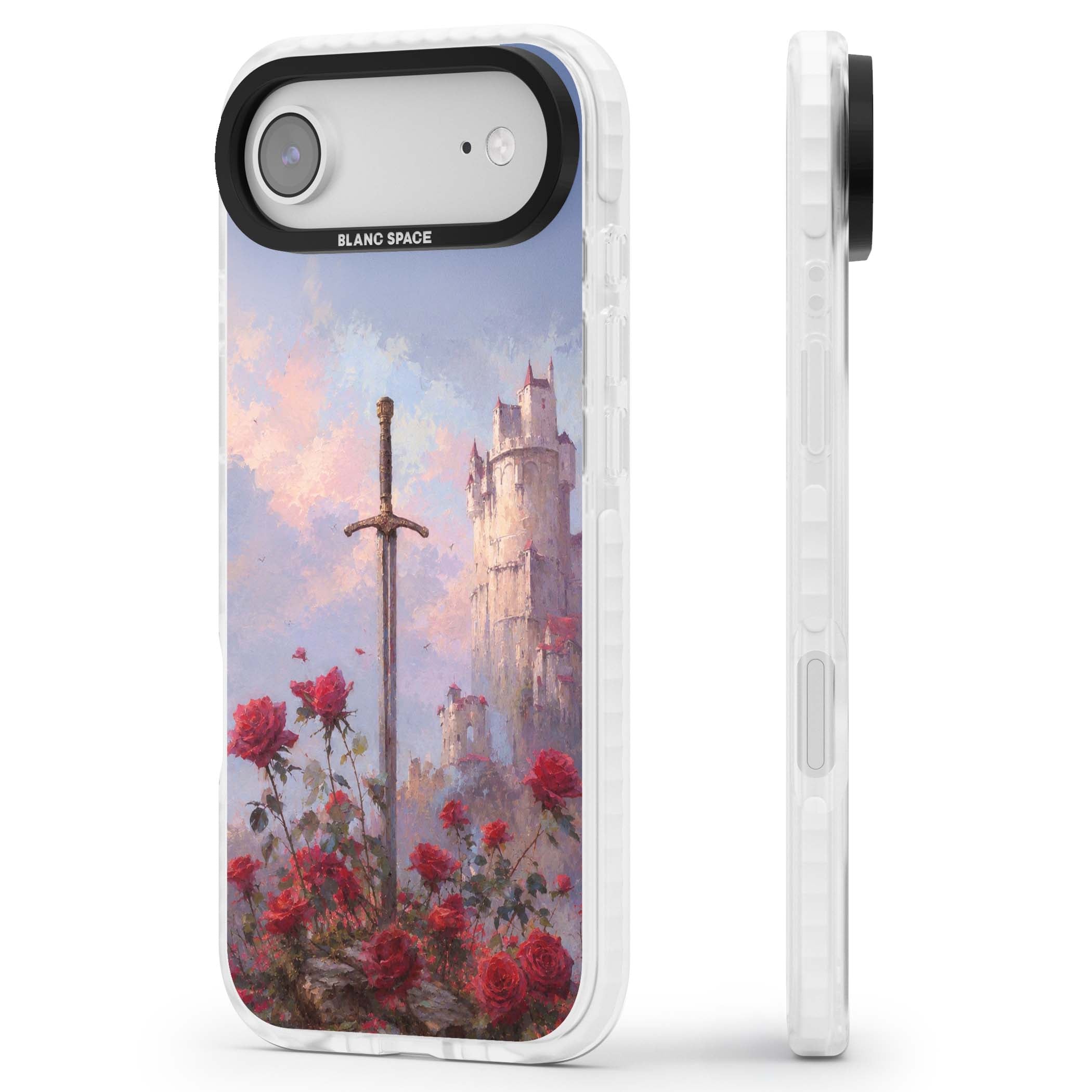 Sword in Roses medieval art iPhone case featuring a sword, red roses, and a misty fairytale castle at sunset | Impact Magsafe case for iPhone Air