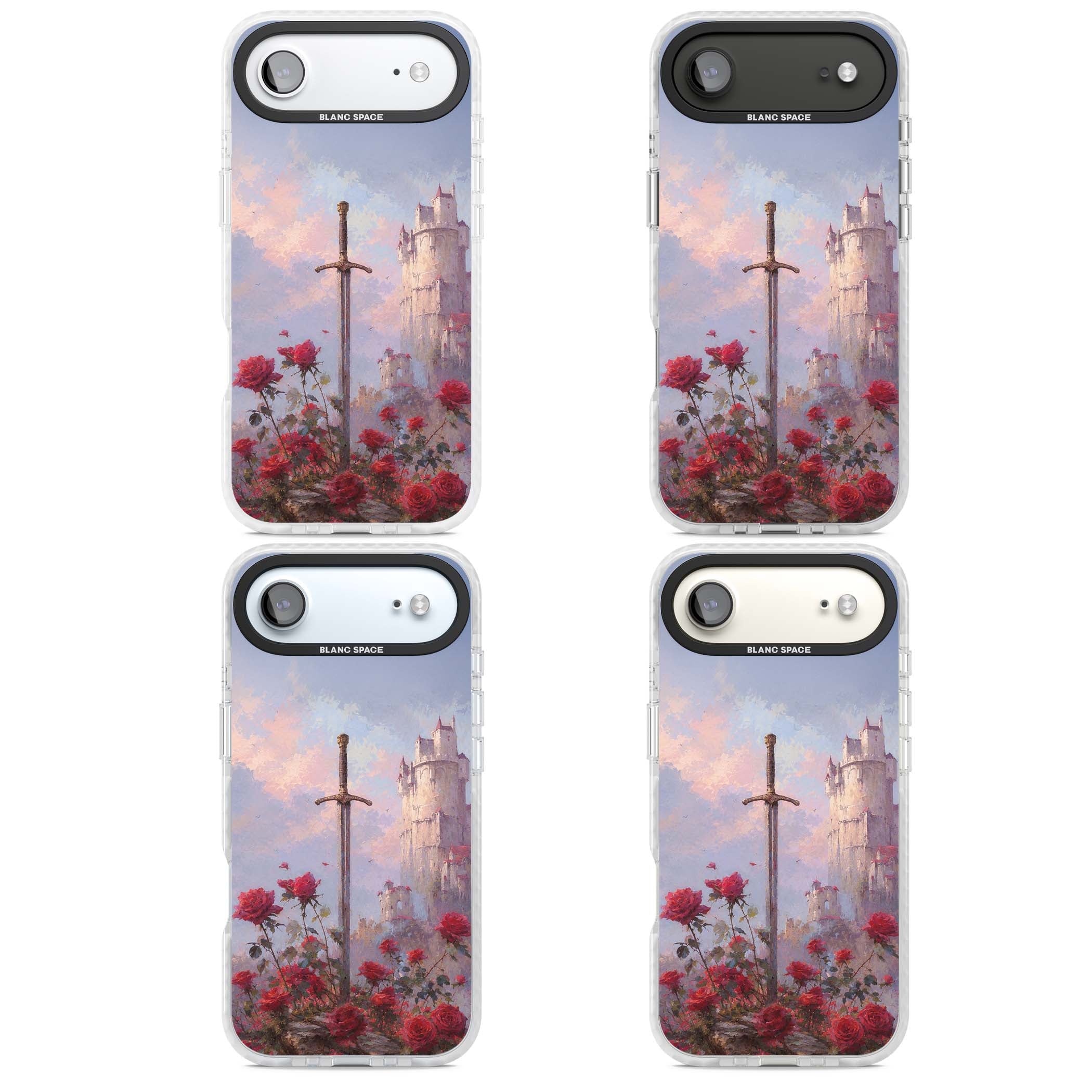 Sword in Roses medieval art iPhone case featuring a sword, red roses, and a misty fairytale castle at sunset | Impact Magsafe case for iPhone Air