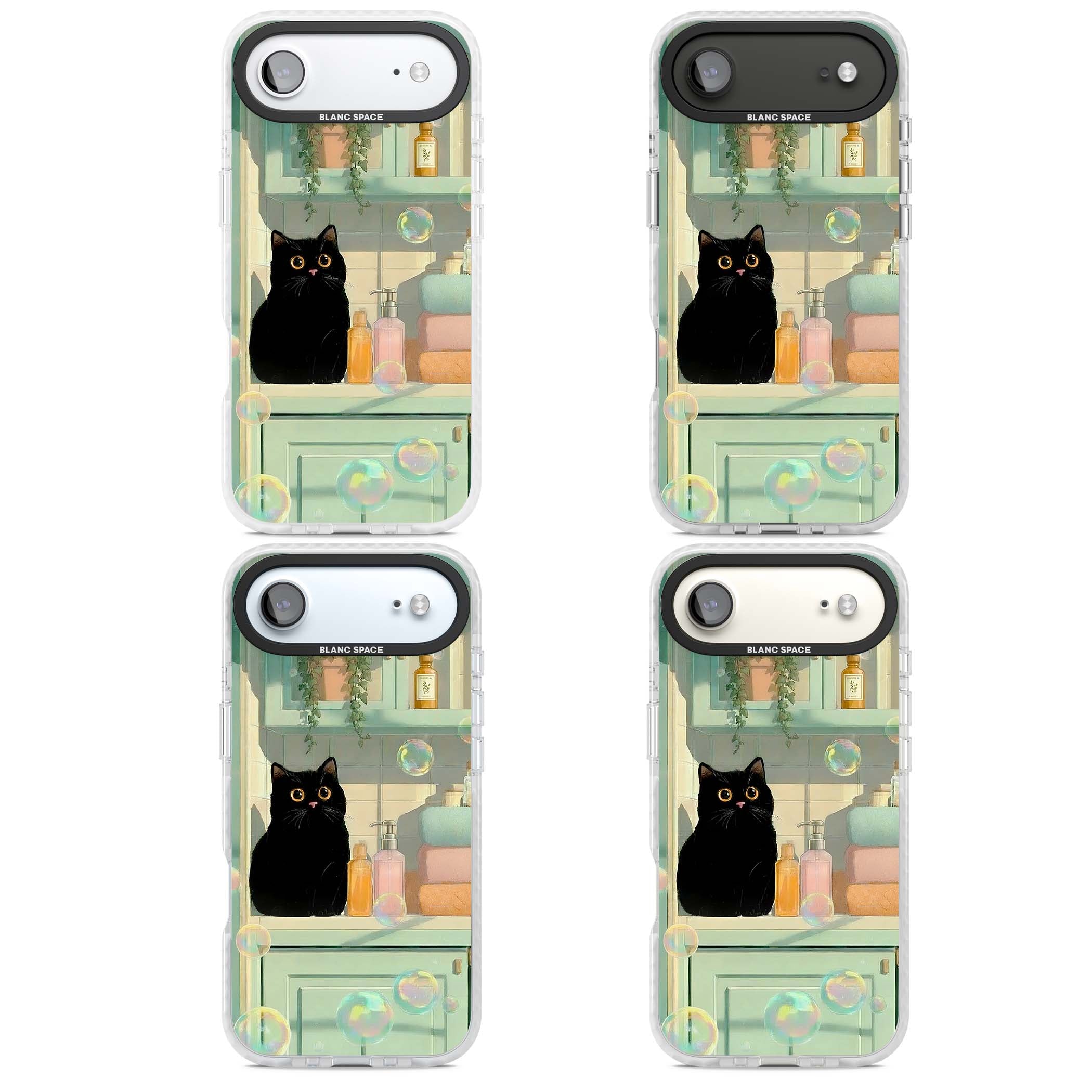 Bathroom Bubble Kitty cottagecore iPhone case featuring a black cat, mint bathroom scene and floating soap bubbles | Impact Magsafe case for iPhone Air