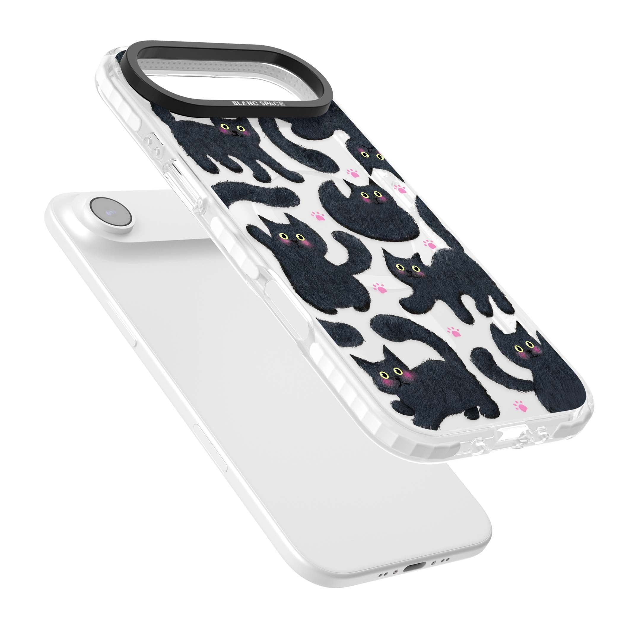 Midnight Cats cute iPhone case featuring black cat pattern with yellow eyes and pink paw prints | Impact Magsafe case for iPhone Air