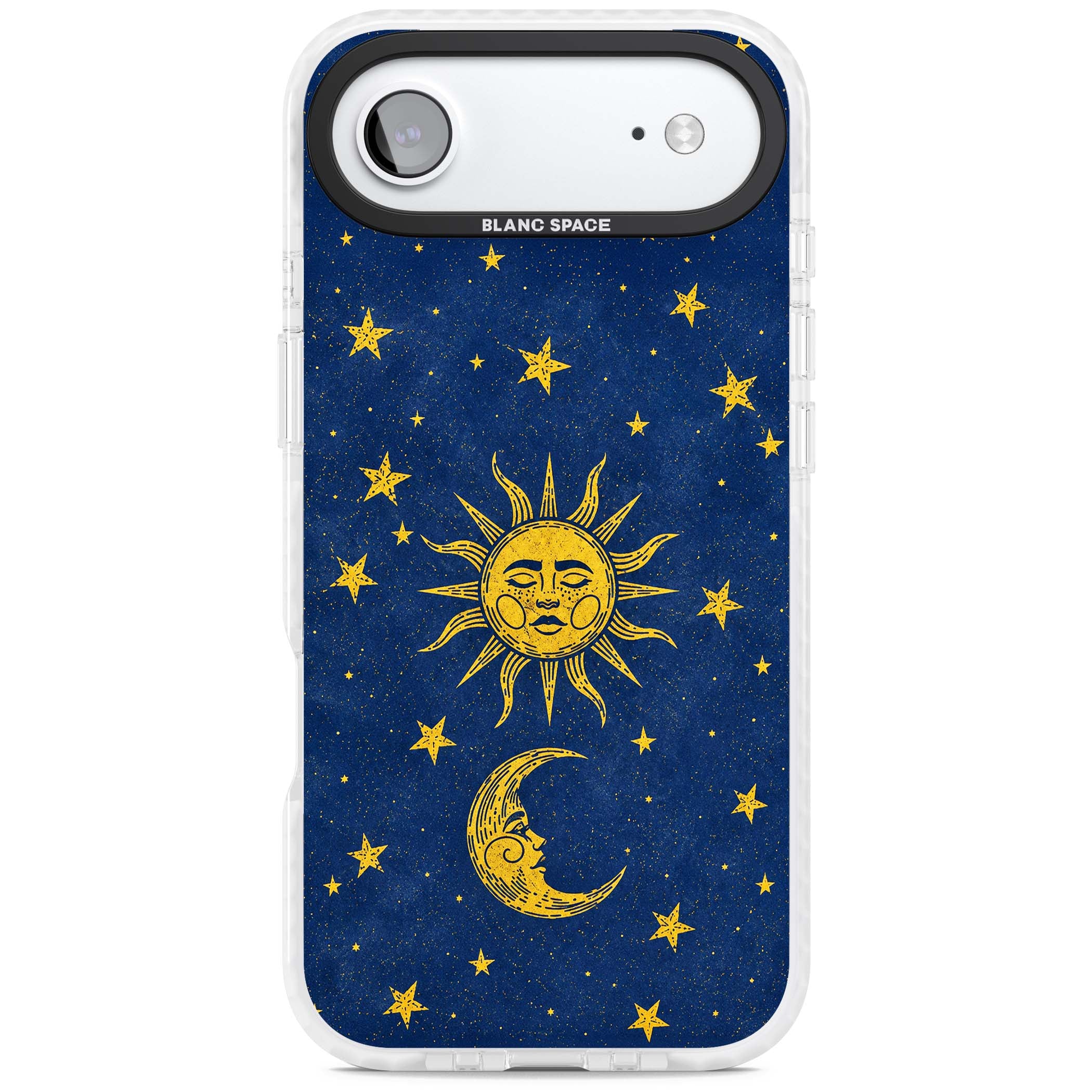 Sun & Moon Reverie celestial iPhone case featuring a vintage golden sun, crescent moon and scattered stars on midnight blue | Impact Magsafe case for iPhone Air