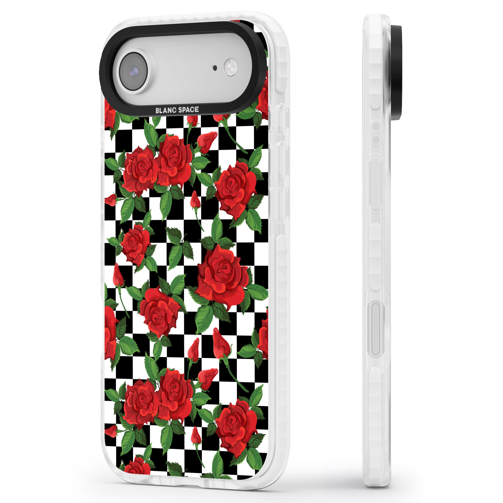 Checkered Roses iPhone 17 Air Impact Pro Clear Phone Case Side Profile